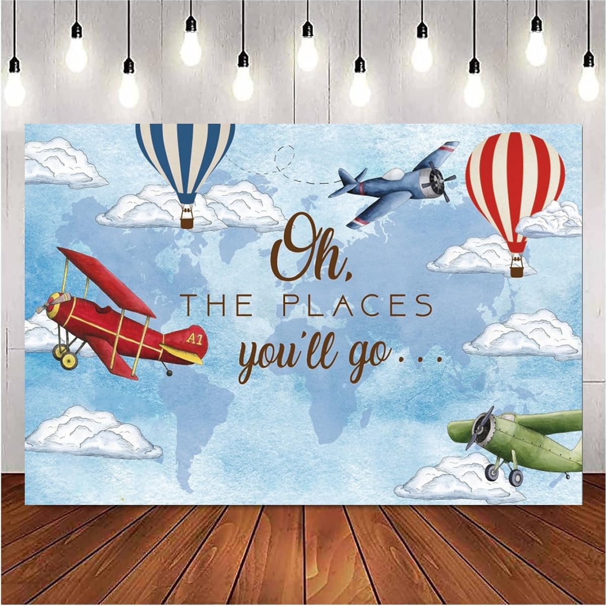 Oh The Places You'll Go Adventure Begin Photography Background Travel Themed Let The Adventure Begin Airplane Hot Air Balloon Around The World Map Newborn Birthday Shower Party Decoration (7X5FT) image 2