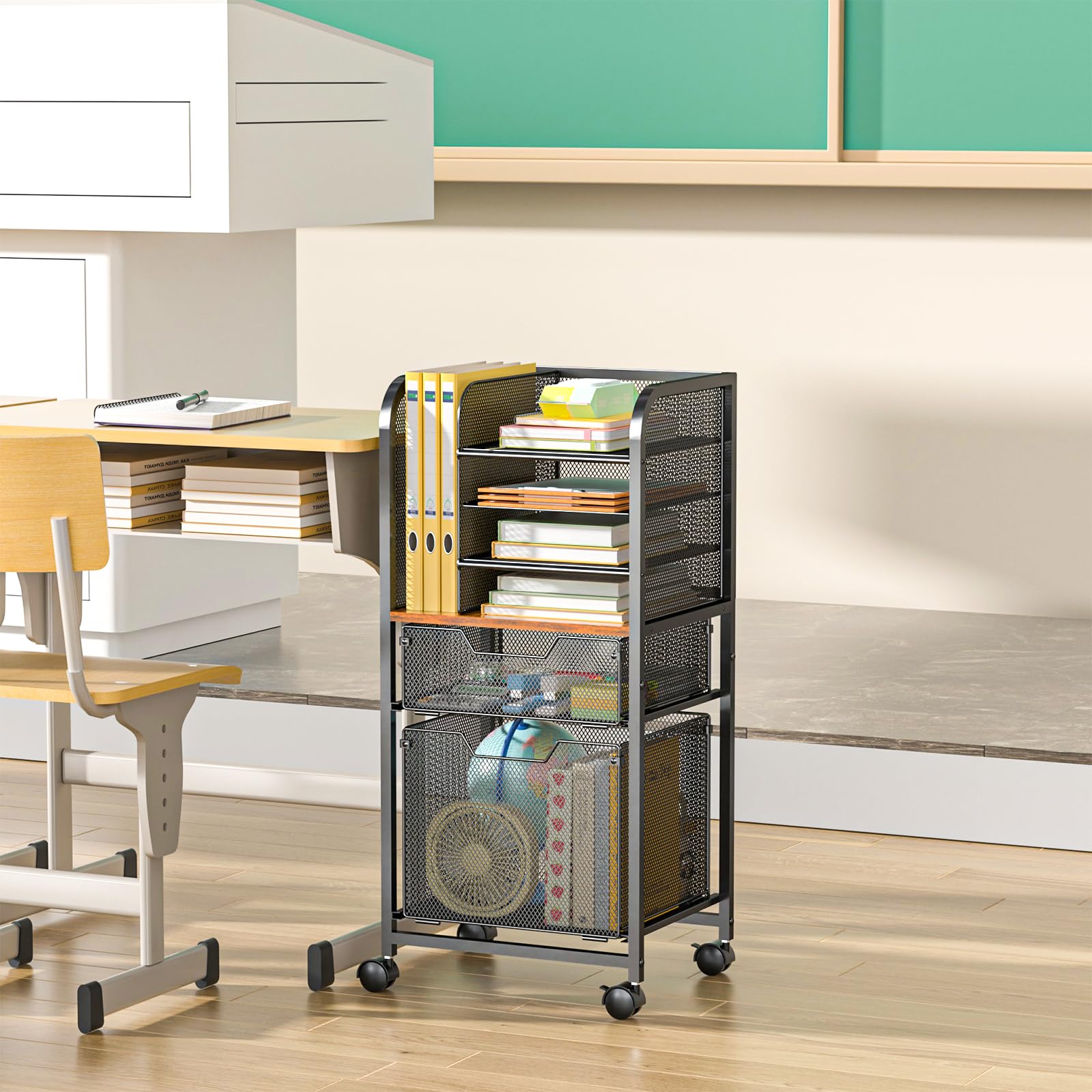 Carrello portadocumenti a 6 ripiani con 2 cassetti, organizer per cartelle sospese, archiviazione file formato lettera con ruote, armadietto mobile multistrato per ufficio e casa