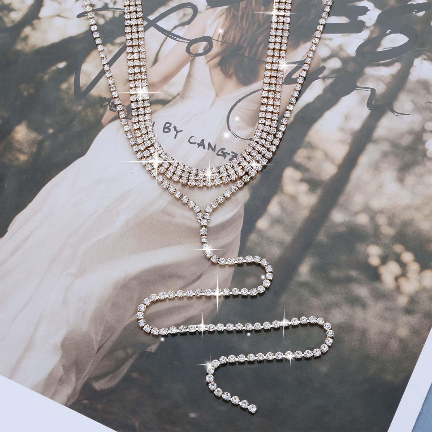 Wide Rhinestone Choker Necklace Sparkly Crystal Tennis Chain Necklace Long Rhinestone Y Drop Necklaces Gold Tennis Y Lariat Chain Wedding Jewelry for Women - Image 5