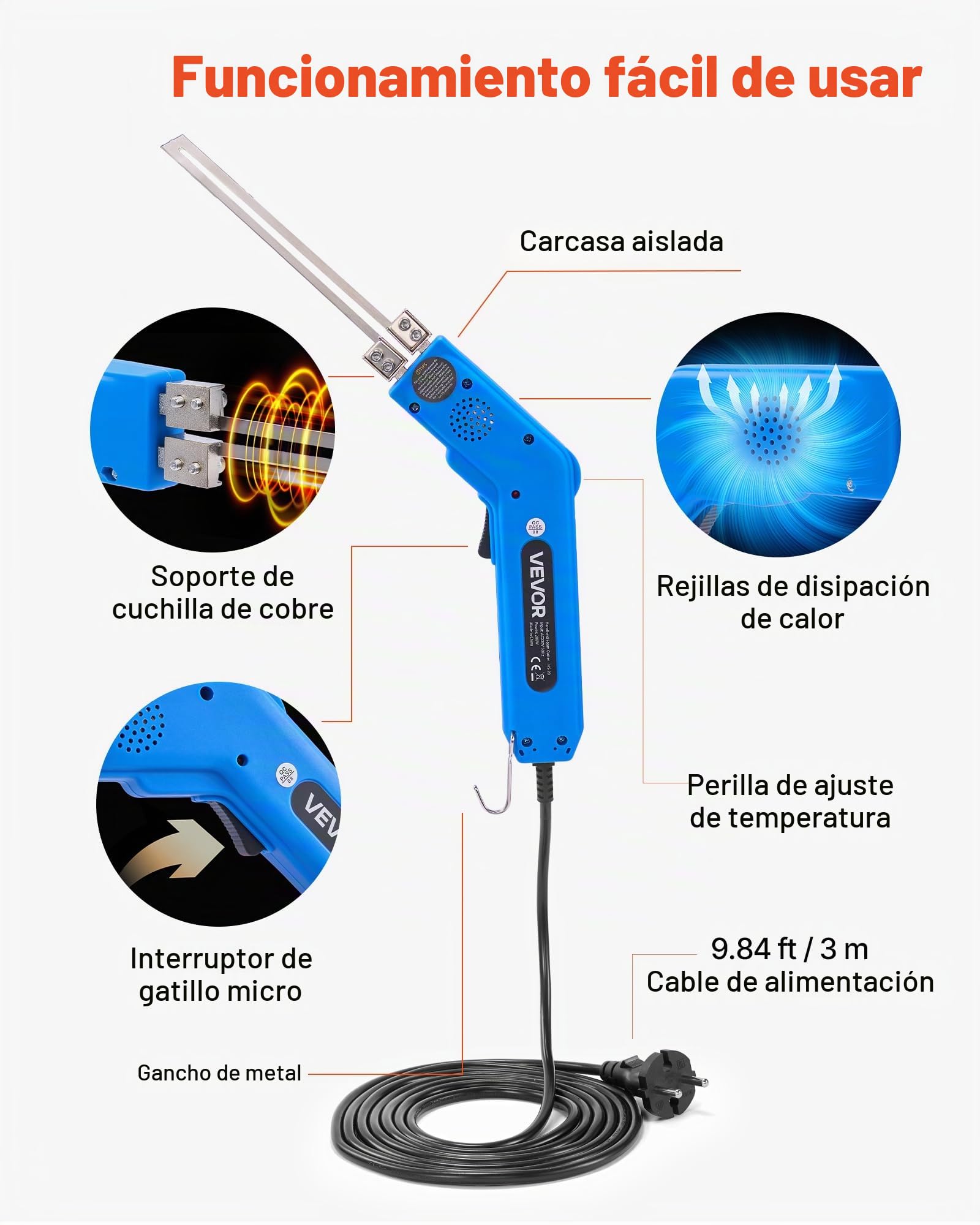 VEVOR Cortador de Espuma Eléctrico con Cuchillo Caliente 200 W, Cortadora Poliestireno 50 a 500 °C con Cuchillas de 150 mm y 200 mm para Tableros KT, Polietileno, Esponja, con Caja de Herramientas