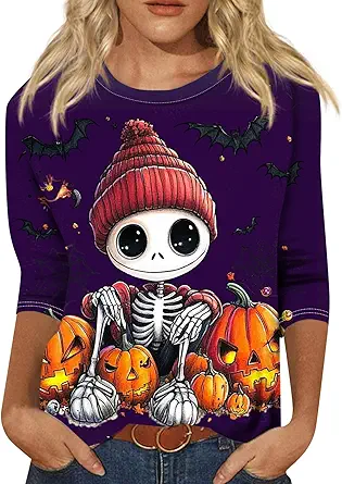 Cute Funny Halloween Shirts for Women Plus Size 3/4 Length Long Sleeve Womens Tops Witch Gothic Renaissance Shirt