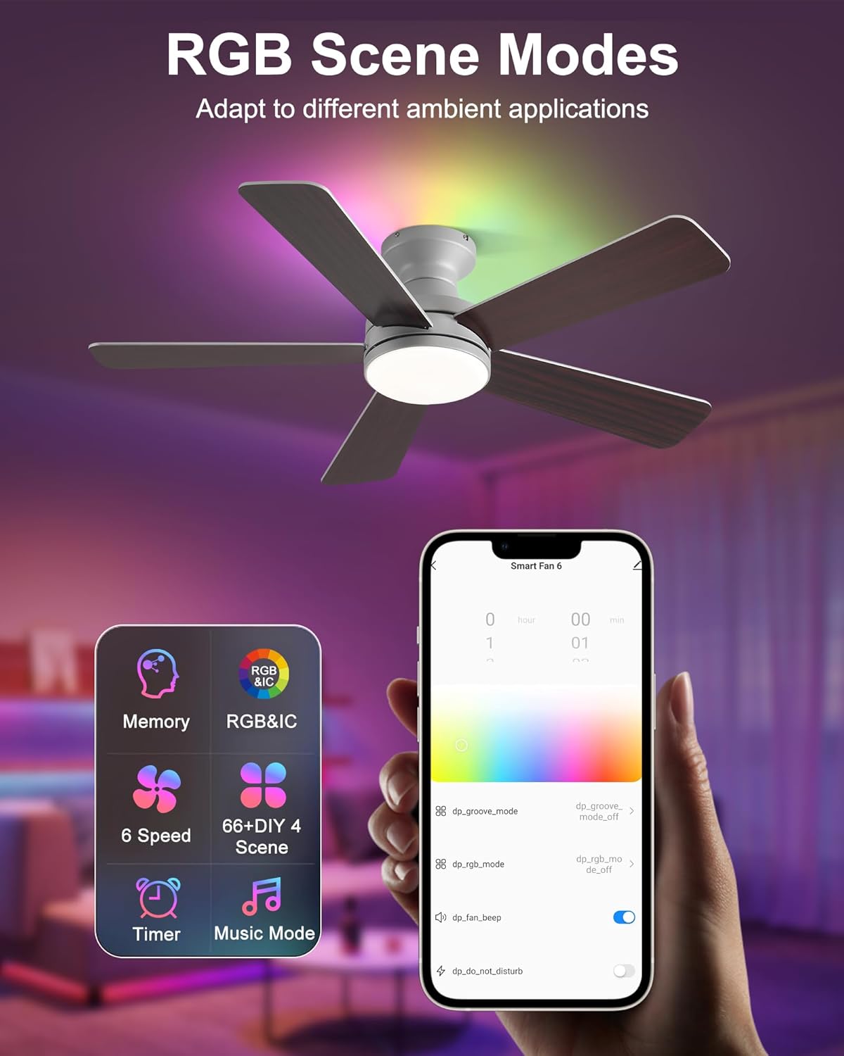 42 Inch Ceiling Fans with Lights, Smart Ceiling Fan with Alexa Google App, Silver Ceiling Fan with RGB Lights Remote, 6 Speeds Reversible DC Motor, Modern Flush Mount for Bedroom Living Room