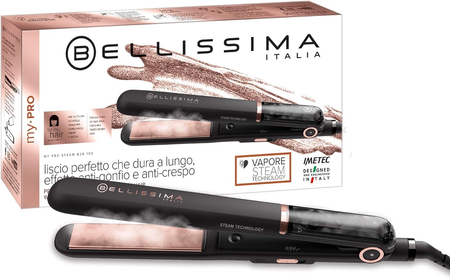 Bellissima Lisseur Vapeur, Plaque Céramique - Lisseur Cheveux à Vapeur, Protection et Brillance - My Pro Steam B28 100, 3 Températures - Adapté à Tout Type de Cheveux Même Frisés, Crépus