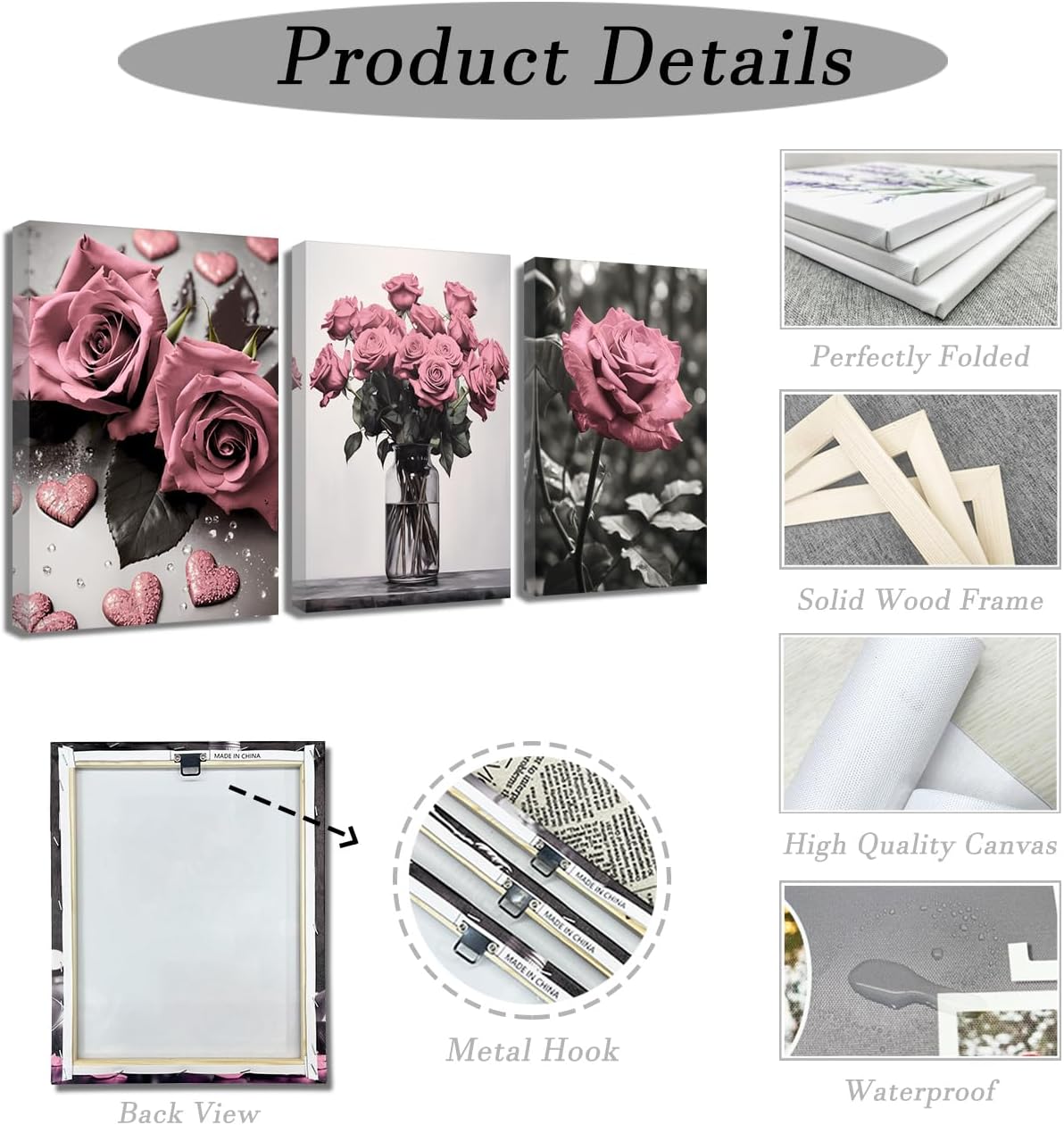 ZQQART Pink Rose Wall Art 3 PCS Bloom Pink Flower Canvas Prints Rustic Black and White Pink Floral Painting for Girls Room Wall Decor (Pink12.00" x 16.00" x 3)