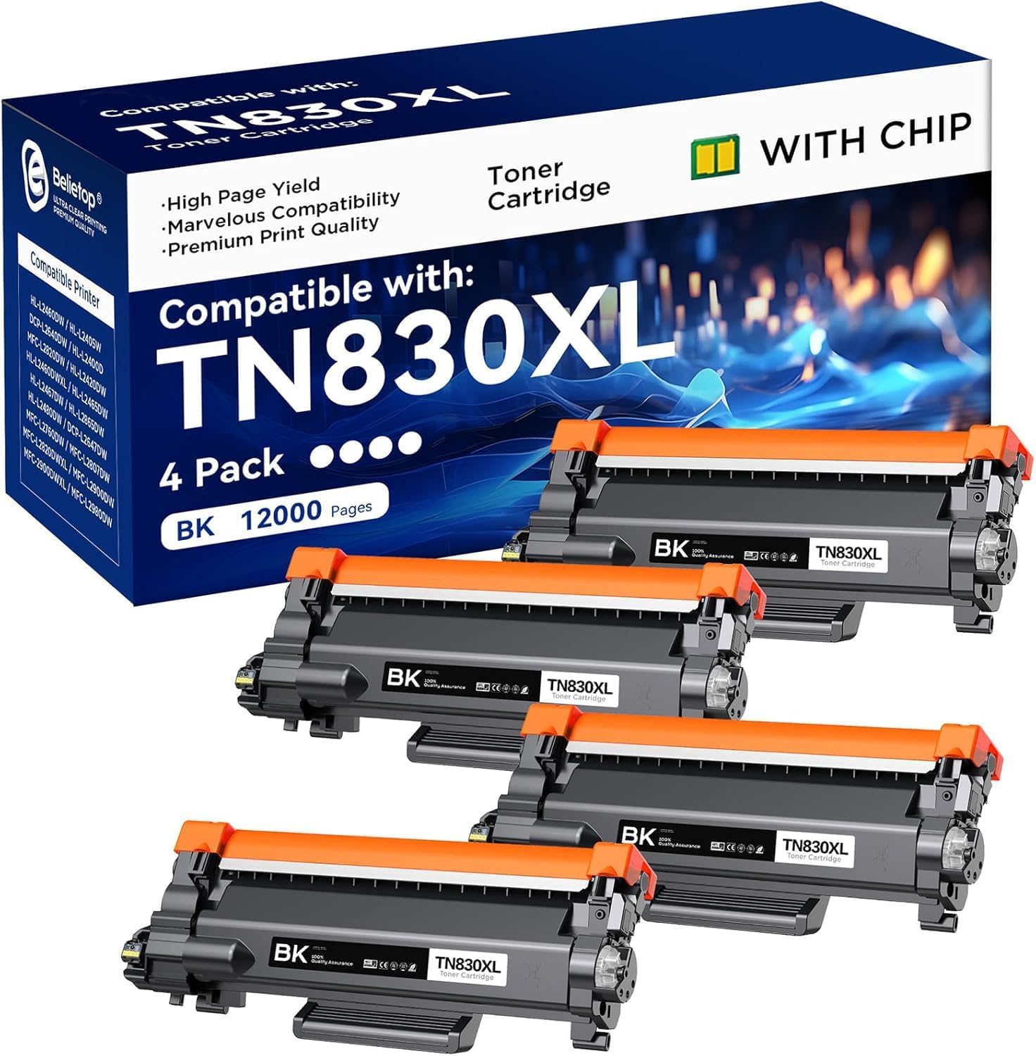 Compatible TN830XL Toner Cartridge High Yield Replacement for Brother TN830 TN-830 TN830 XL TN-830XL use with HL-L2460DW DCP-L2640DW HL-L2405W MFC-L2820DW HL-L2480DW Printer (4 PK 12000 Pages)