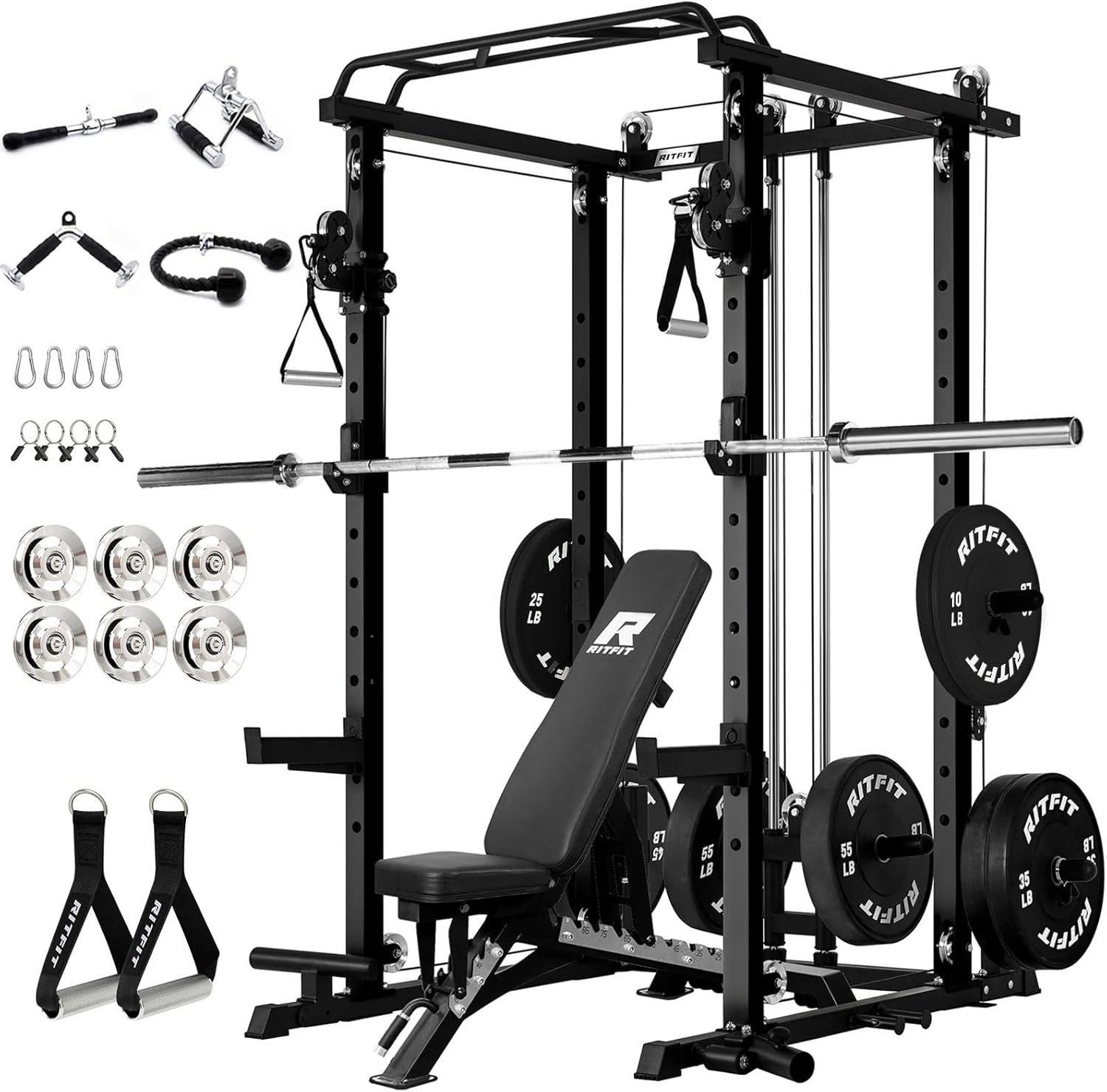 RitFit Multi-Function Garage & Home Gym Package Includes 1200LBS Power Cage PPC03/P3 with Cable Crossover System, Weight Bench, Olympic Barbell Weight Set, Full Body Workout