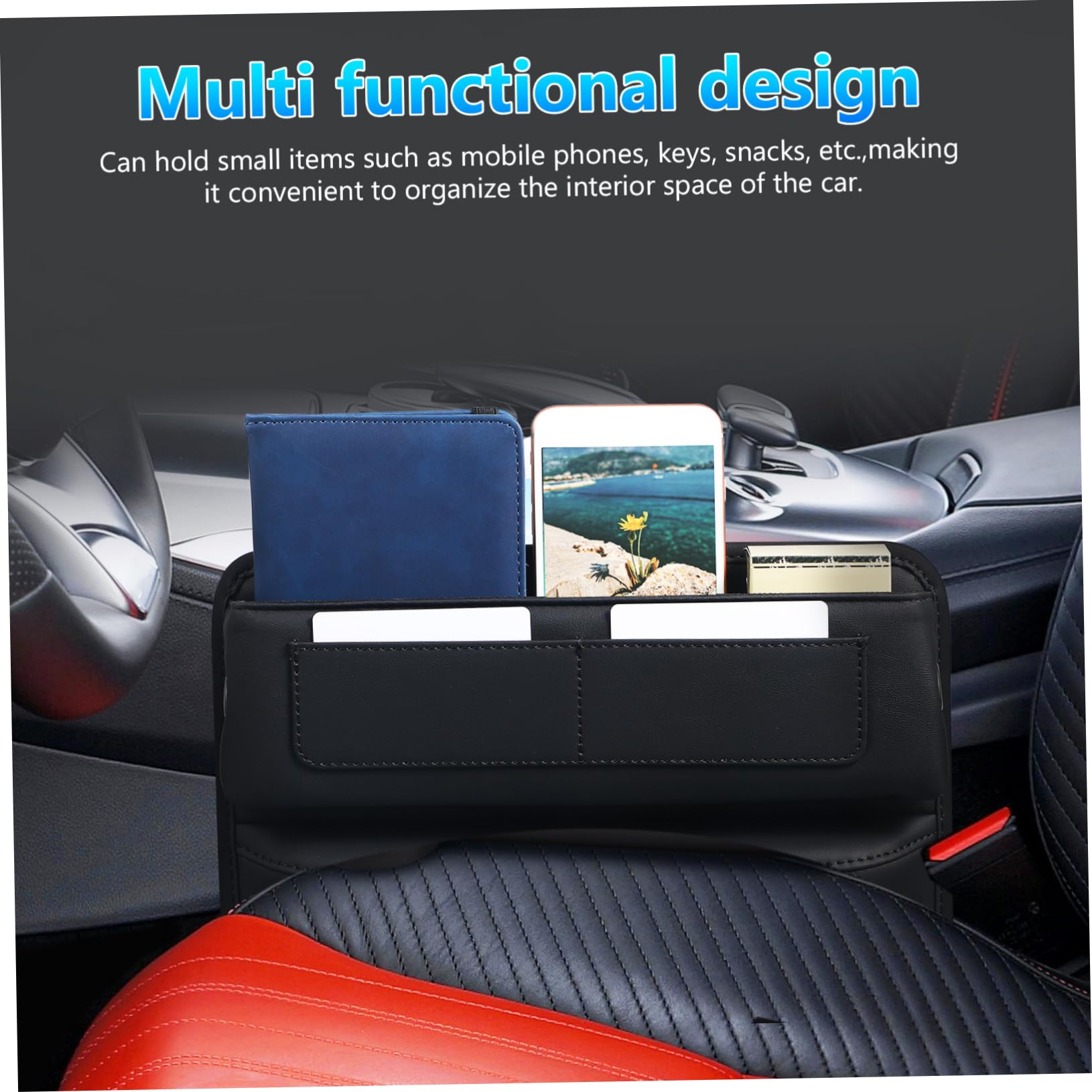Anneome Organizador de Coche entre Asiento y Consola, Cuero Negro Caja de Almacenamiento, Fácil Instalación, para Asiento Delantero, para Snacks y Llaves
