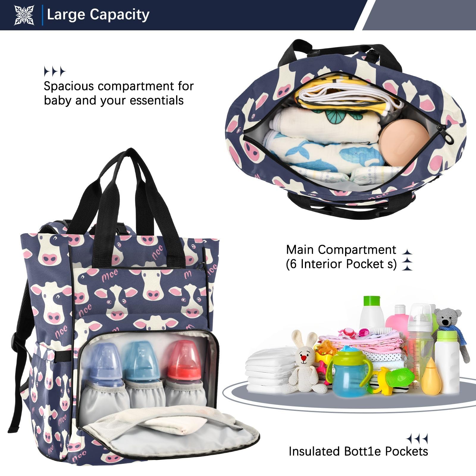 Mnsruu Borsa per pannolini per bambini viola con mucca zaino grande borsa impermeabile da viaggio borse per pannolini per mamme e papà