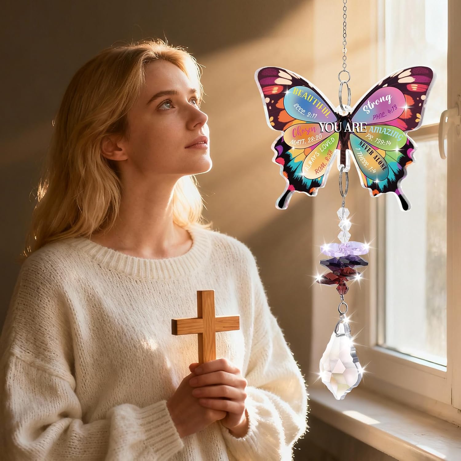 Christian Gifts for Women Crystal Suncatcher, Religious Gifts Hanging Butterfly Crystal Suncatcher for Window,Inspirational Gift Rainbow Maker Ornament - Image 3