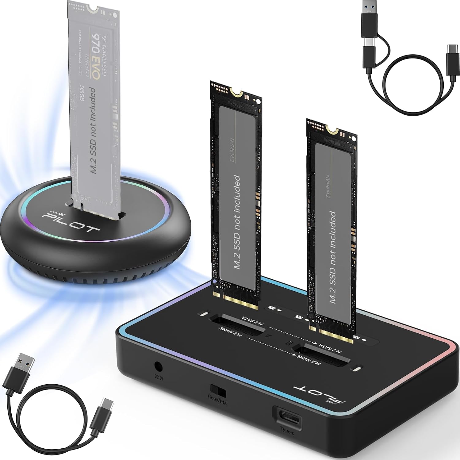 M.2 Duplicator Cloner Dual-Bay Offline USB C to NVME SATA Docking Station, M.2 NVMe & SATA SSD Docking Station, Size 22110 2280 2260 2242 2230 Enclosure RGB - Pilot NN/SS RGB + Pilot SD03C