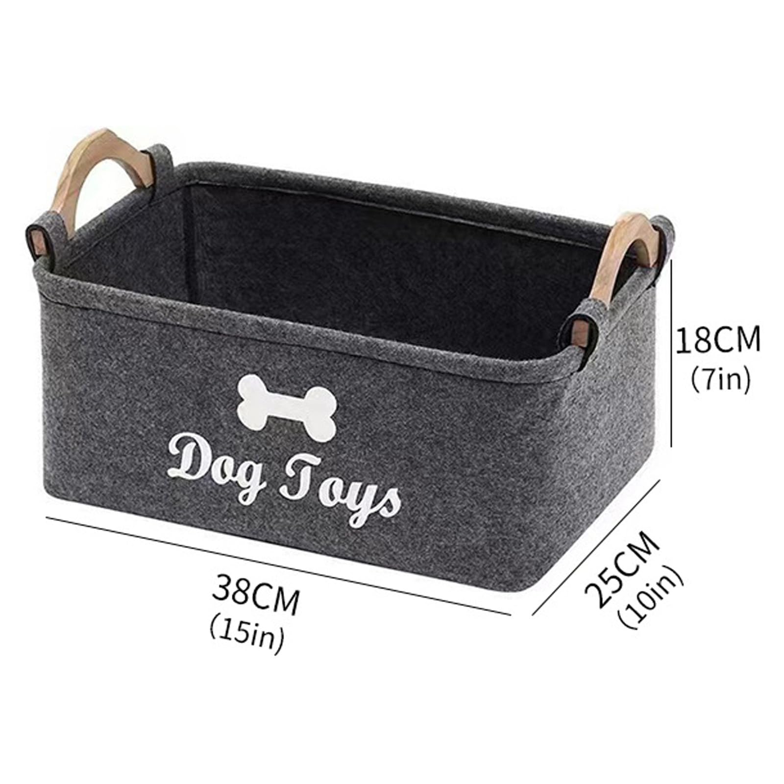 Vauki Caja de almacenamiento para juguetes para perros, 38 x 25 x 18 cm, plegable, de fieltro con mango de madera, cesta de almacenamiento para guardar suministros para mascotas y juguetes (gris