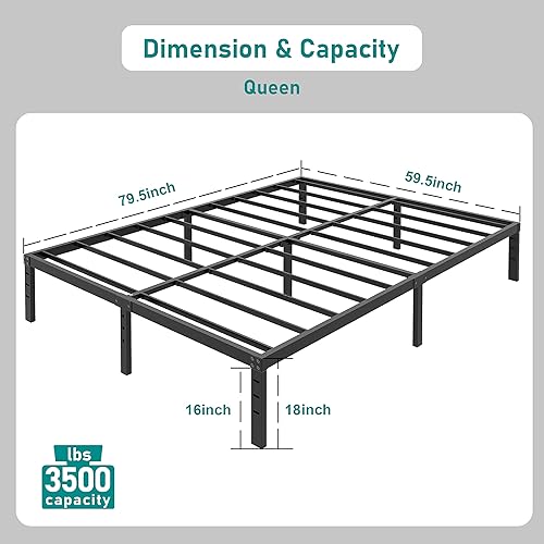 Miniatura 2 de Marco de cama Queen de 18 pulgadas, plataforma de metal alta y resistente, no necesita somier, con soporte de listones de acero de 3500 libras,