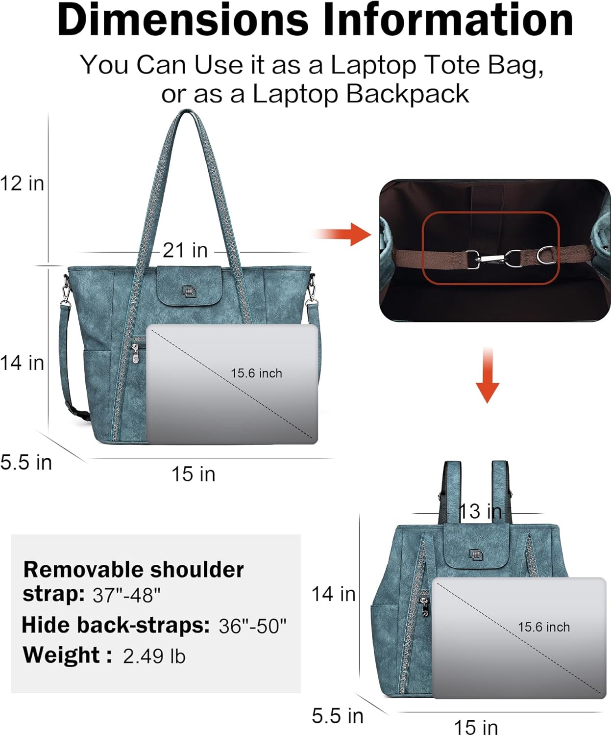 FADEON Large Laptop Tote Bag for Women Designer Leather Laptop Bag Fashion Travel Backpack Purse Shoulder Handbag - Image 4