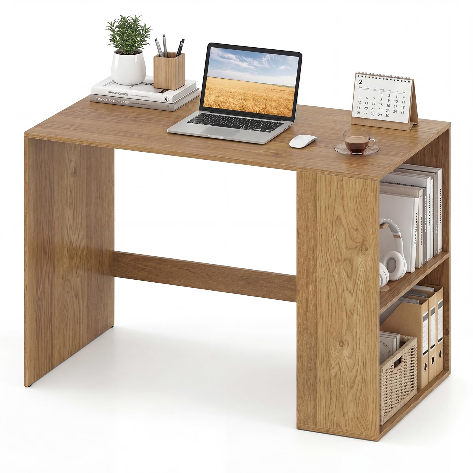 COSTWAY Escritorio con 2 Estantes Abiertos，112 x 60 cm, Mesa Escritorio Pequeño de Madera, Escritorio Ordenador Oficina despacho Dormitorio (Natural)