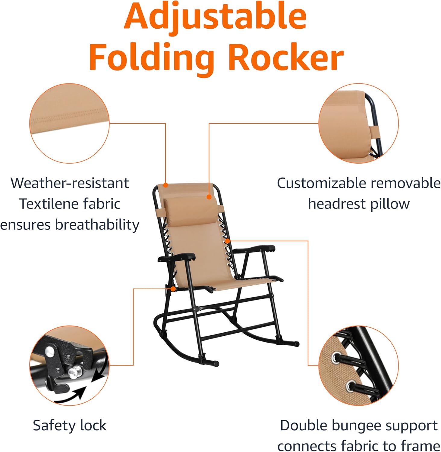 Amazon Basics Outdoor Patio Folding Reclining Lounge Rocking Chair with Pillow, Affordable Folding Chairs for Outside, Beige, 33.6 x 37.4 x 26 inch