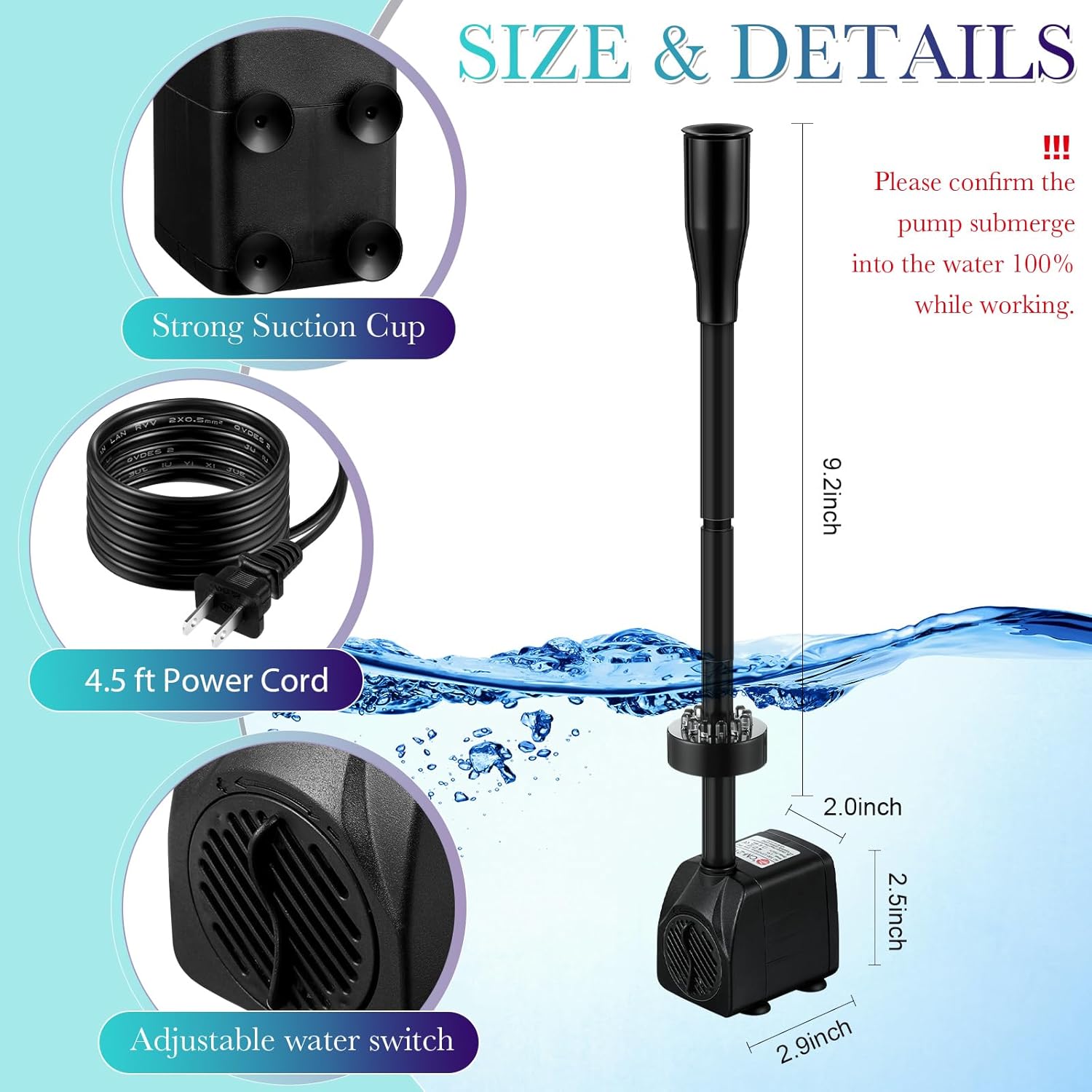 Saillong 2 Pack 15W 200 GPH Submersible Fountain Pump with LED Lights, Mushroom and Blossom Spray Head for Fountain, Quiet Water Pump (750L/H) for Ponds, Aquariums, Fish Tanks, Water Features