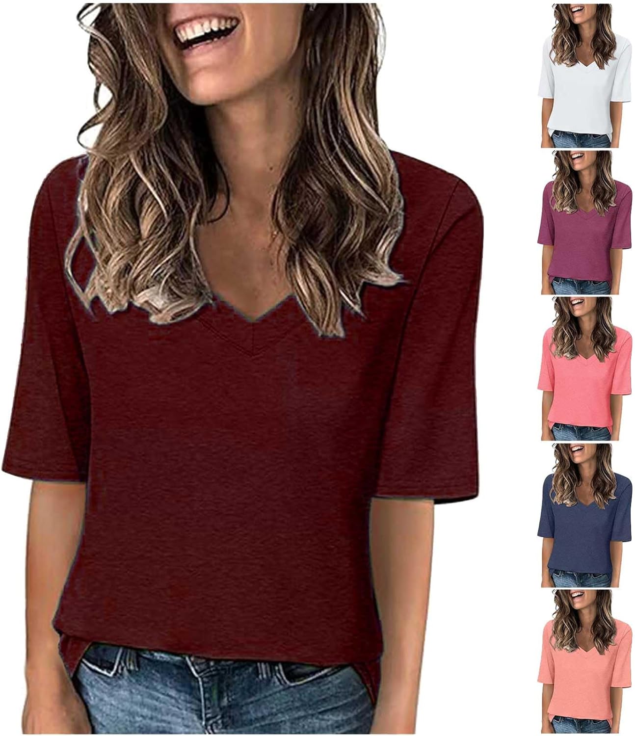 Women’s V Neck T Shirts Half Sleeve Tops Casual Solid Summer Tees 2025 Spring Soft Comfy Cute Clothes T-Shirts