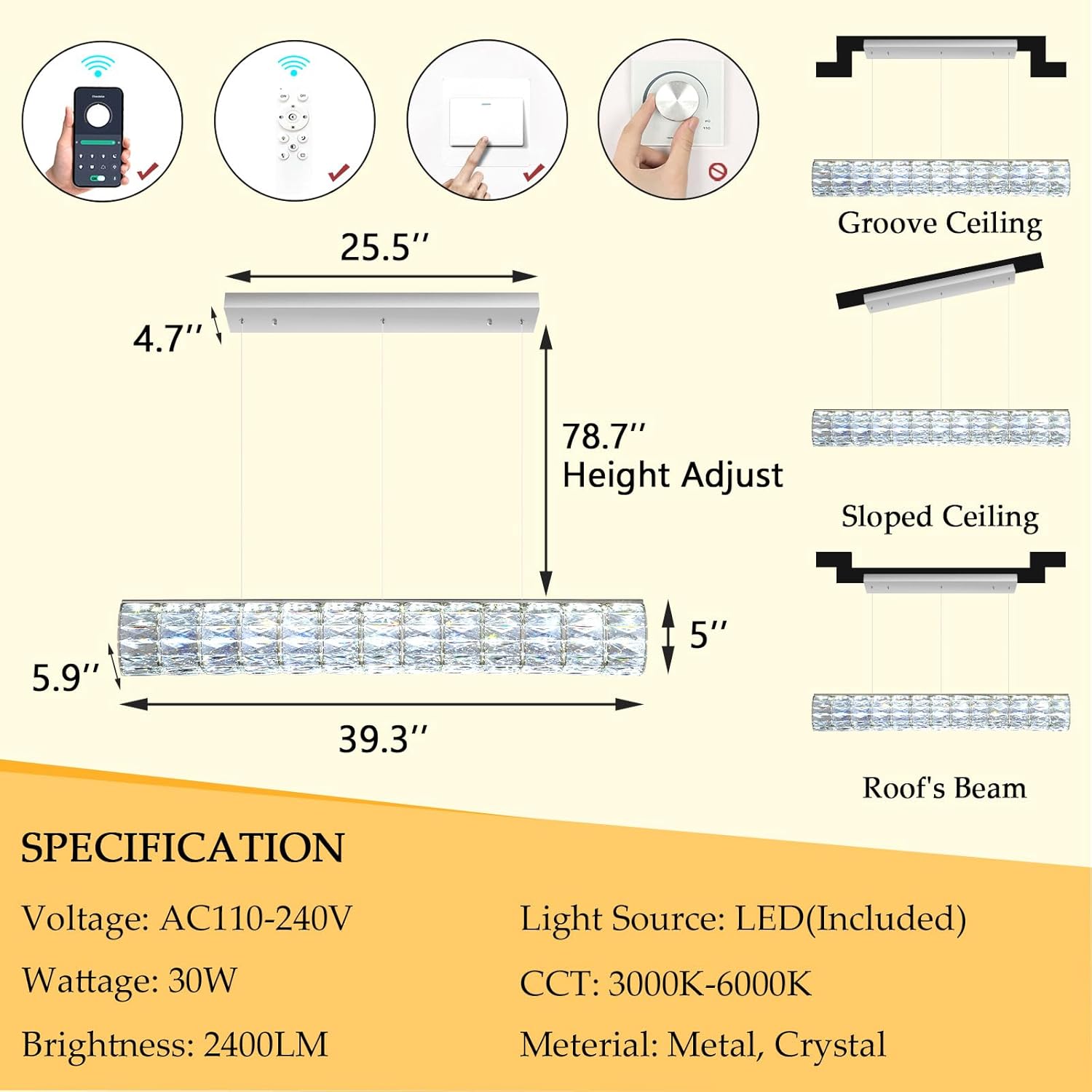 L40 Modern Dimmable Crystal Chandelier Rectangular Pendant Lighting LED Hanging Light Fixture for Kitchen Island Dining Room Living Room Silver
