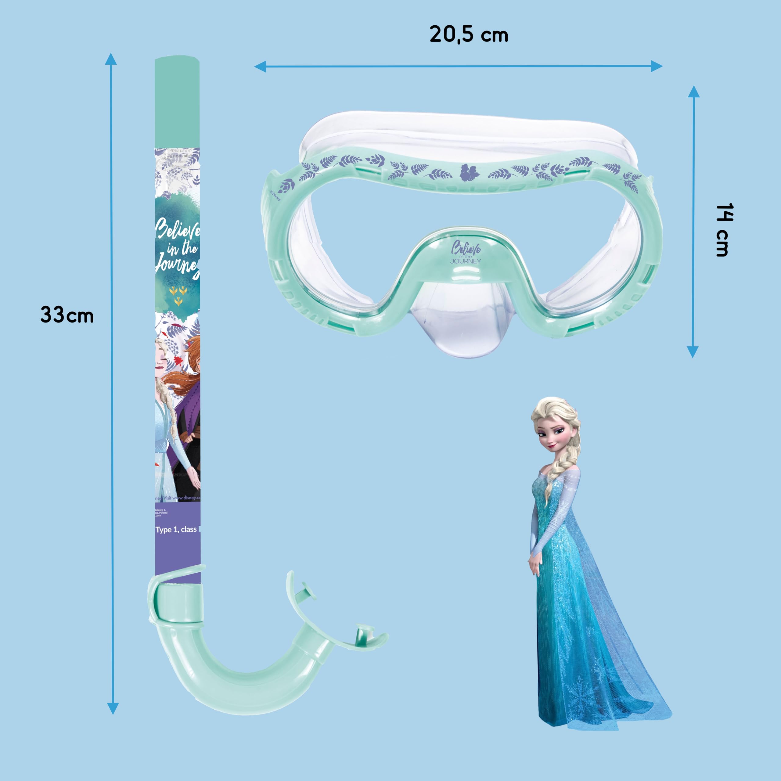 ARDITEX Set snorkeling per bambini con maschera e boccaglio Elsa e Anna Disney Frozen – Maschera regolabile 14x20,5x11 cm, tubo 33 cm, dai 3 anni, ideale per mare piscina e vacanze