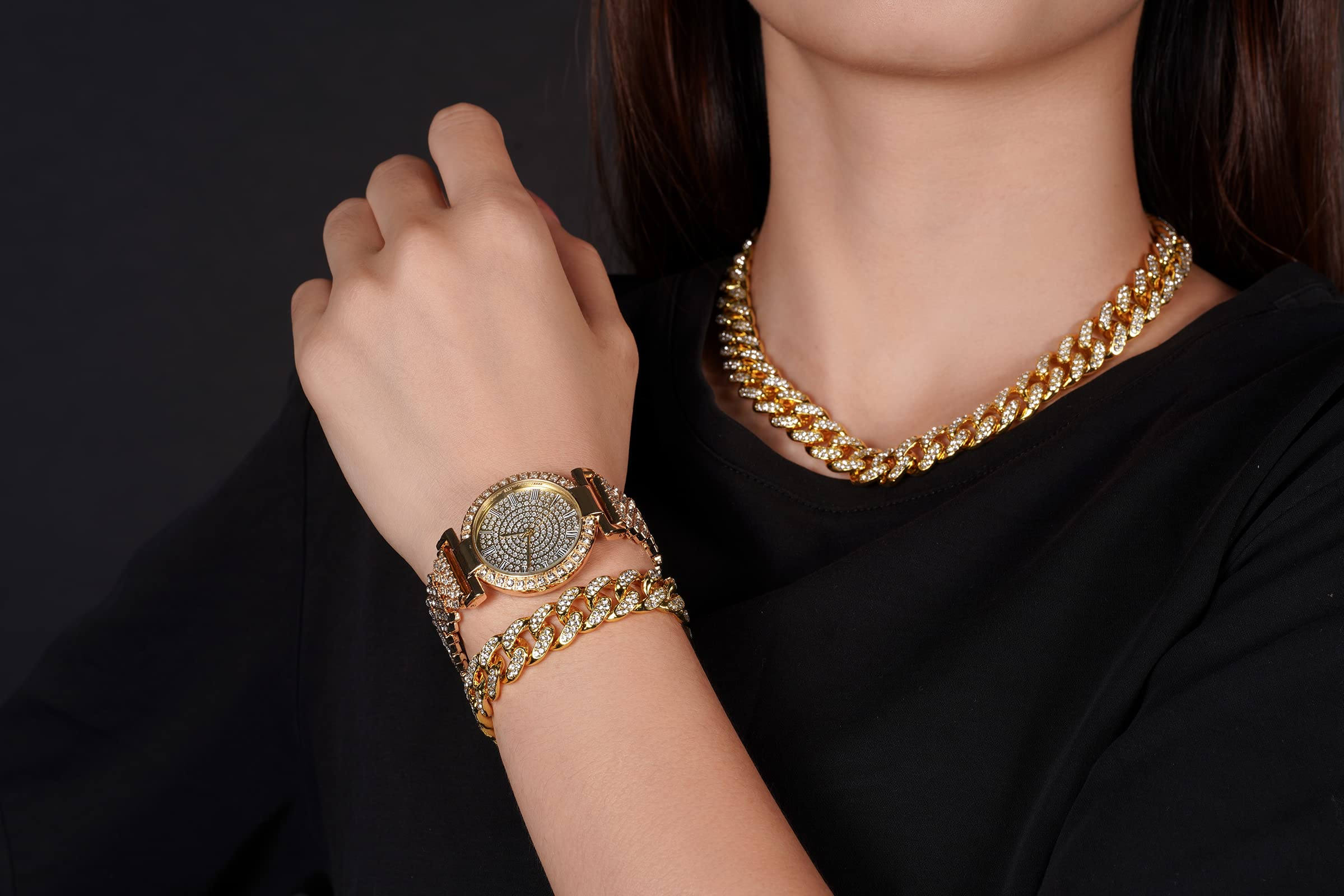HALUKAKAH Diamenty złoty zegarek Iced Out, damski 18-karatowe prawdziwe złoto/różowe złoto/platynowy biały pozłacany 33 mm szerokość okrągła tarcza kwarcowa opaska na nadgarstek 19 cm z kubańskim