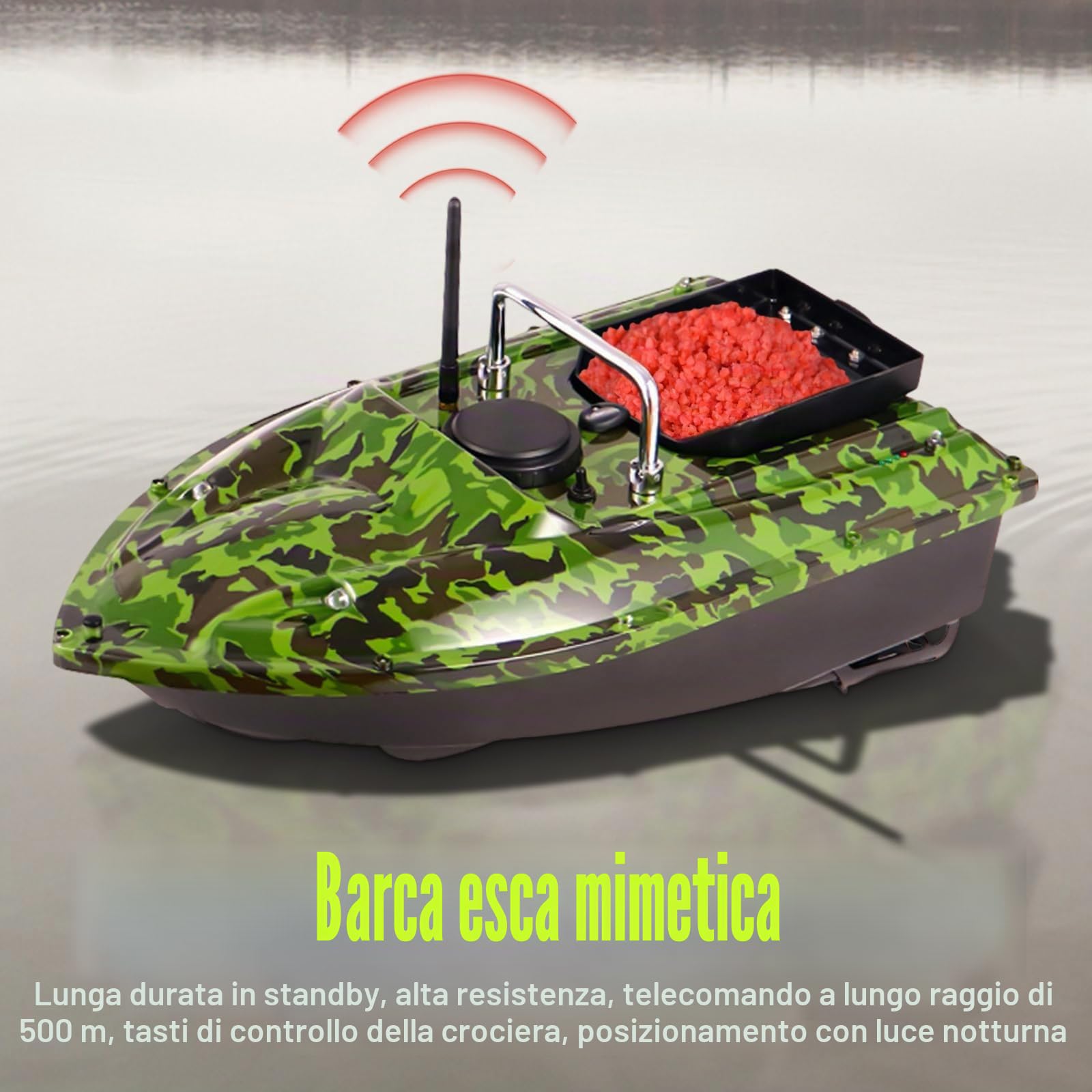500M RC Fischköder Boot, Telecomando 110-240V Futterboot 1,5KG Carico 2 Motori, LED Senza Fili Mimetico Köder con Caricabatteria e Telecomando