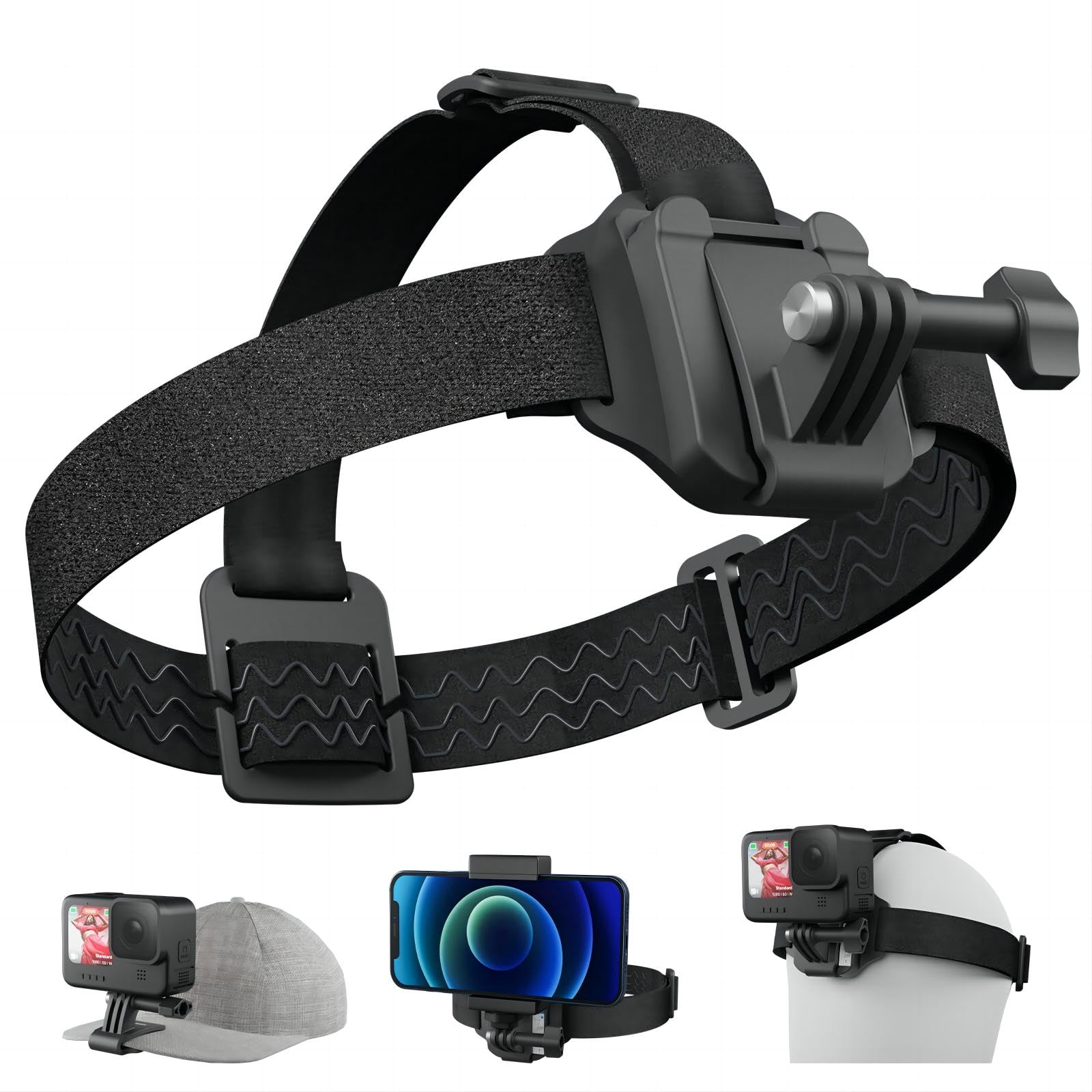 Adaptom Support Tête Téléphone + Caméra D’Action 2-en-1 – Bandeau Ajustable GoPro / Insta360 / DJI + Clip Chapeau Détachable
