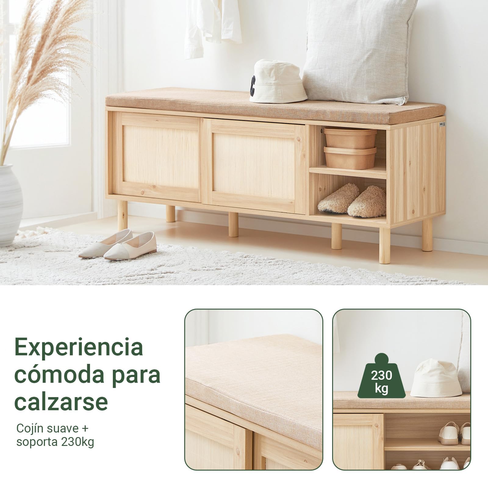 SoBuy Banco Zapatero con Puertas ratán 121x35x49cm para recibidor