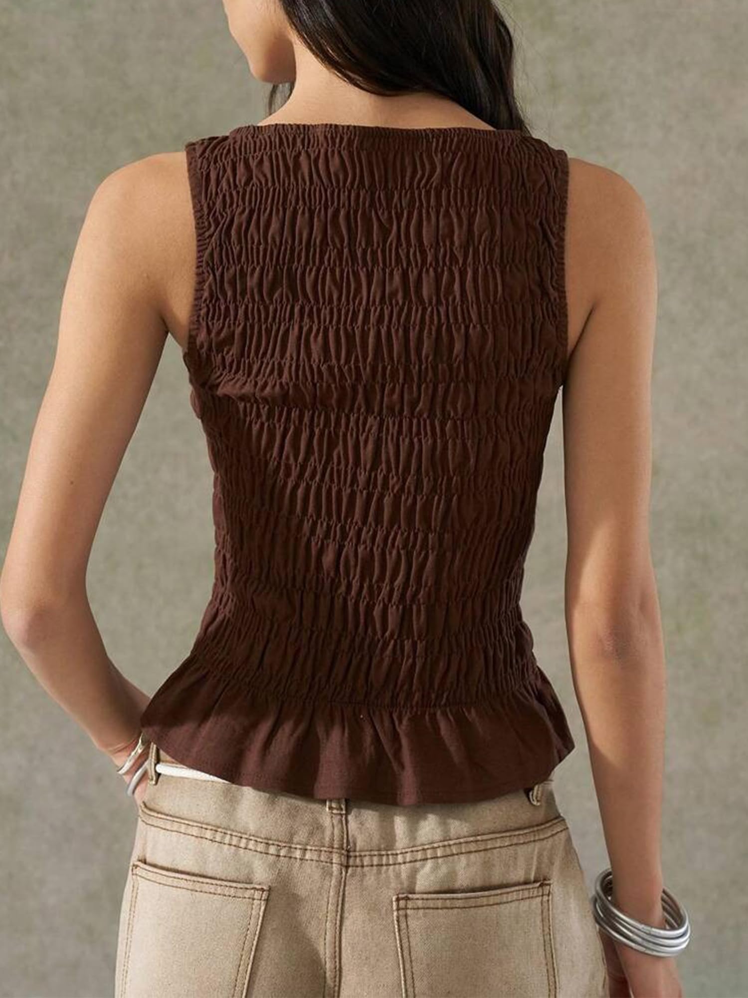 Sexy Outfit Camiseta sin Mangas con Cuello Barco y Dobladillo con Volantes para Mujer, Blusa de Verano Ajustada con Pliegues para Uso Diario Informal