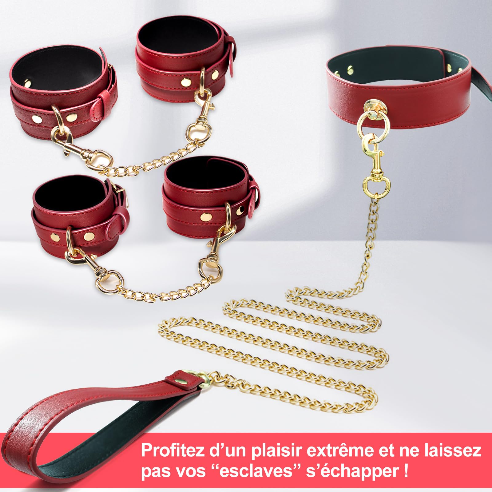 Sex Toýs Femme Couple BDSM Bondage pour Lit Menottes Poignet & Cheville Réglables en Cuir avec Collier et Laisse SM Kits,Menottes Sex Lit pour Jeux Sexuels Couple