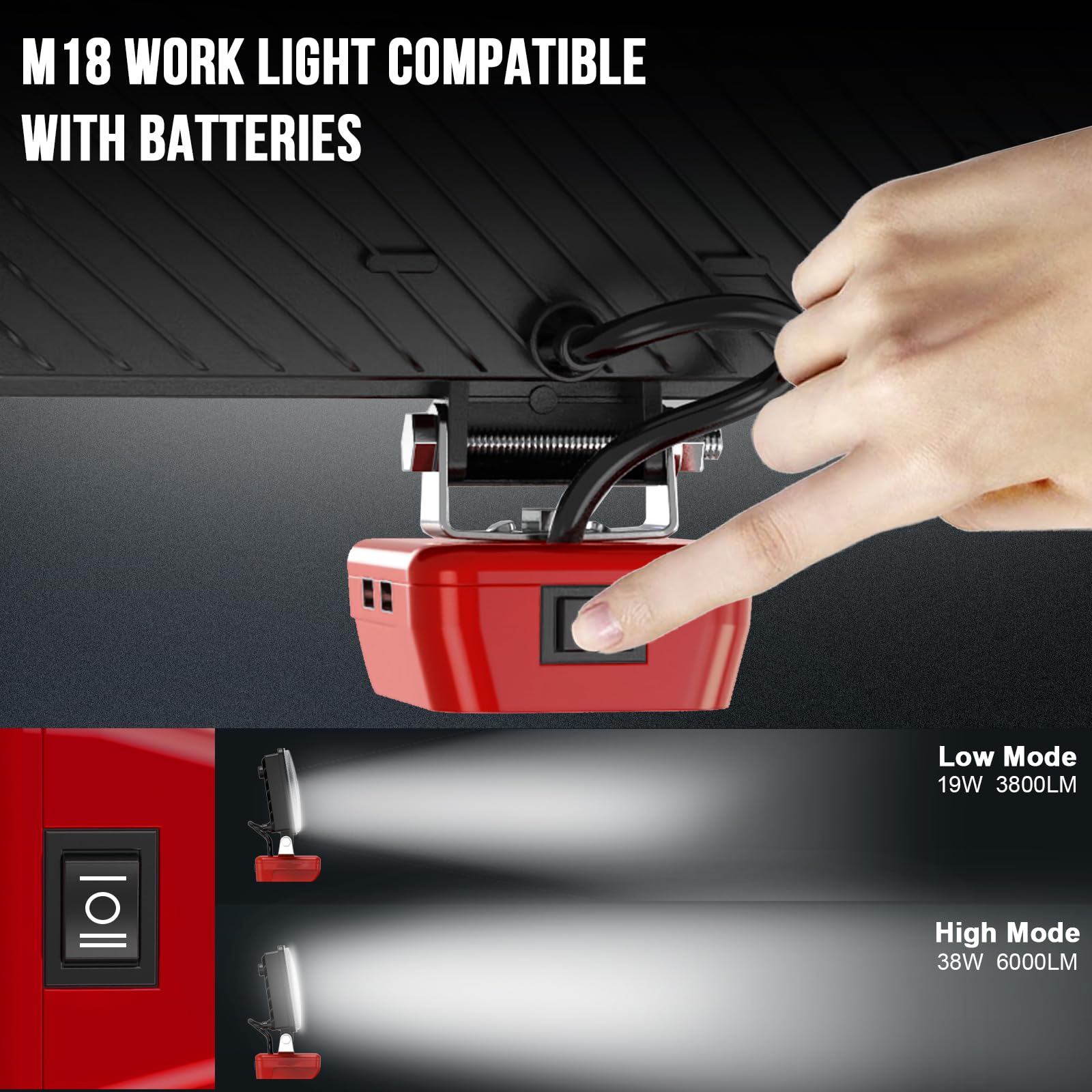 Luz Compatible con Milwaukee 18V,Lámpara de Trabajo Led Sin Cuerda 38W 6000Lm Linterna Recargable con Protección de Baja Tensión Y USB,Liderar El Camino Focos Alimentados por Baterías