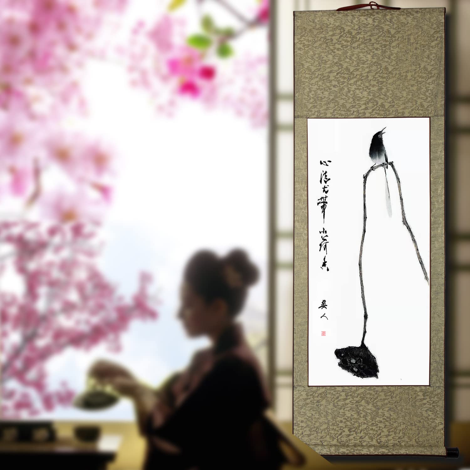 Amazon.co.jp: 掛軸(掛け軸) 水墨画 花鳥図 四季花鳥画 四尺四