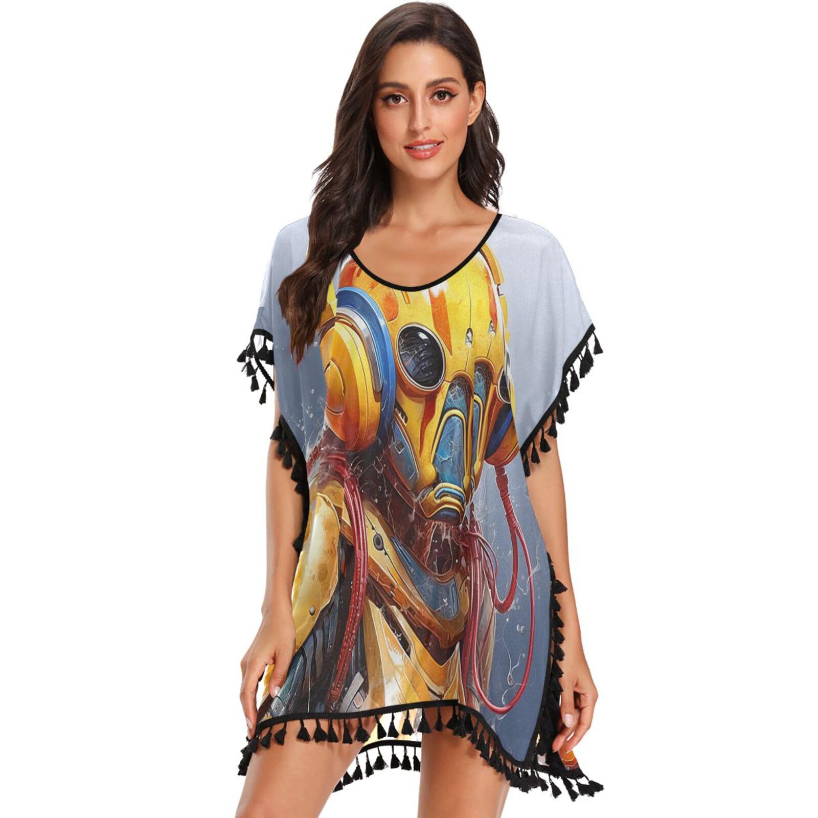 Cool Watercolor Lobster Art Women's Beach Cover Up Chiffon Tassel Swimwear Swimsuit Coverups for Girl