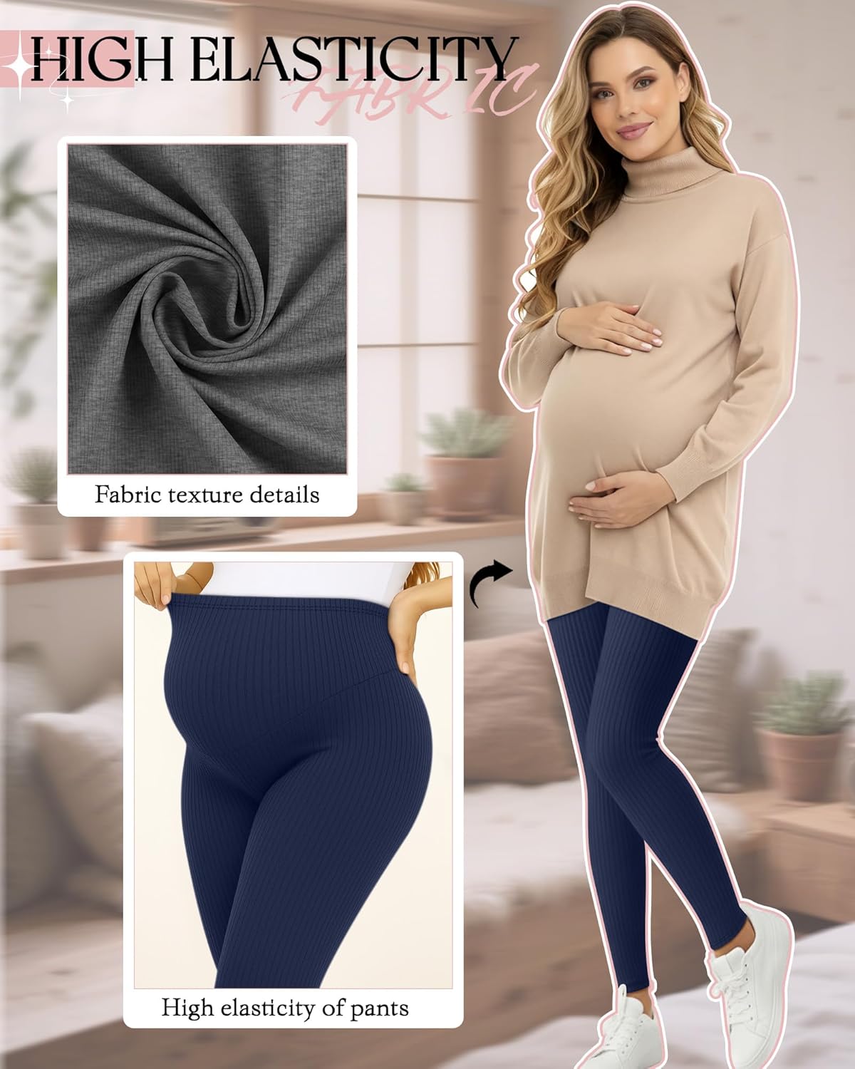 3 Pack Women's Maternity Pants Ribbed Cotton Over The Belly Tight Lounge Pregnant Pants for Casual Pajama Home - Image 6