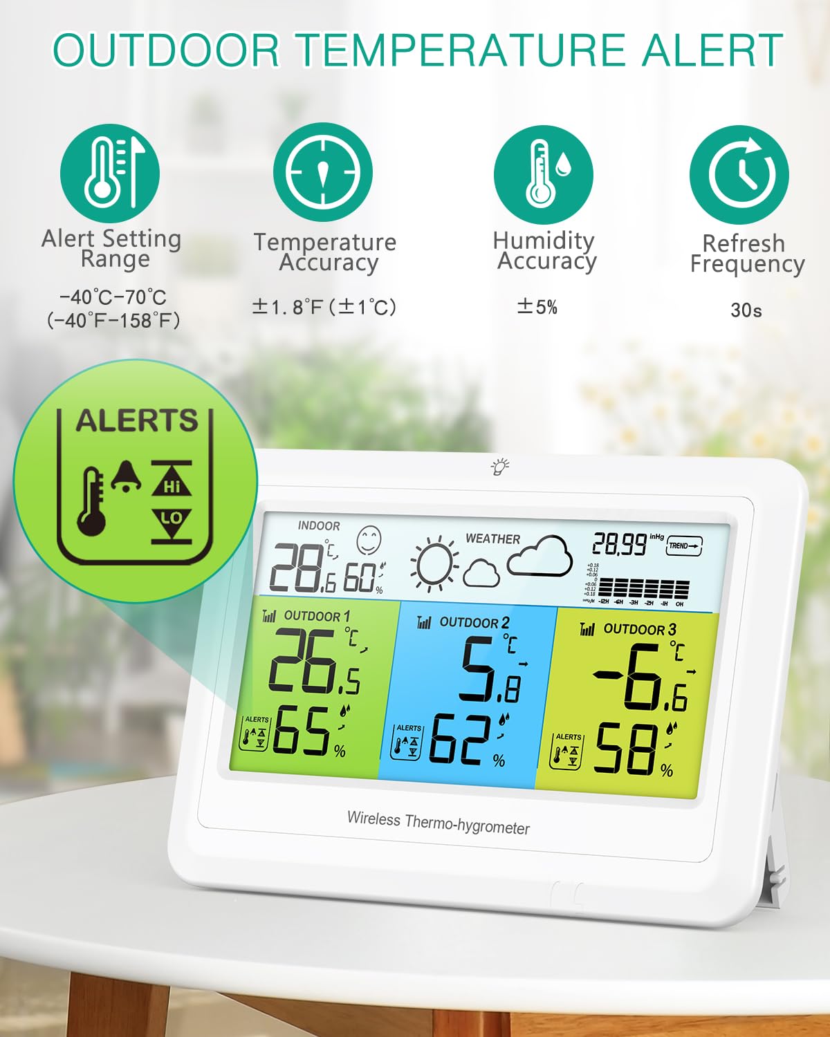 ORIA Thermomètre Intérieur Extérieur Sans Fil, Station Météo avec 3 Capteurs, Moniteur de Température et Humidité avec Prévisions Météo, Pression Barométrique, Valeurs MAX/MIN, Icône Confort