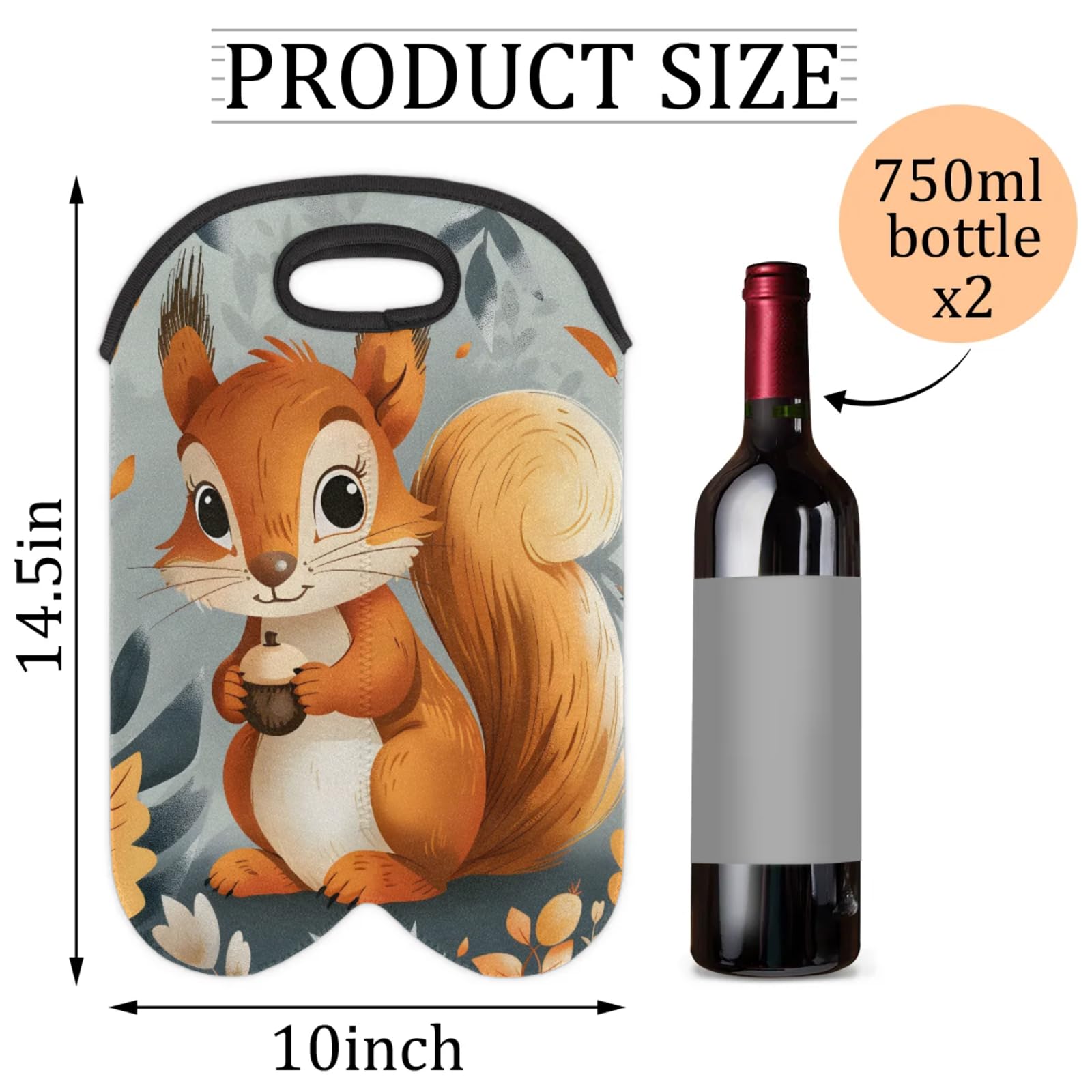 GzLeyigou 2 Bottles Squirrel Fall Wine Bag Sleeve Totes Neoprene Protective Wine Carrier Bag for Wine,Water, Champagne, Beer, Baby Bottles,Gift 14.5 x 10 Inches