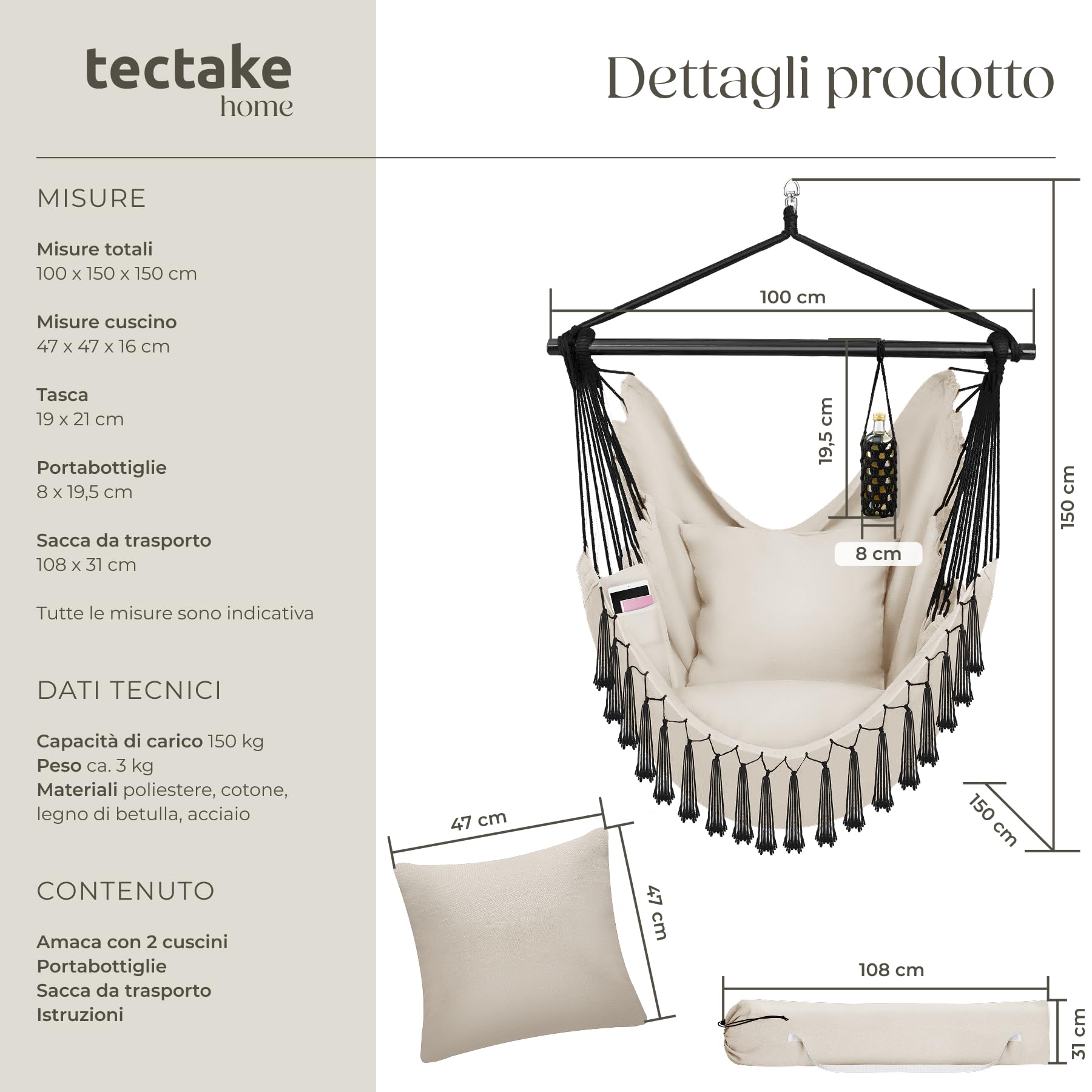 tectake® Poltrona Sospesa Malika, Stile Bohemien, Tessuto Misto Cotone-Poliestere Traspirante, Cuscini Extra Spessi, Scomparto per Libri, Appoggio per Bibite Regolabile, Carico Massimo 150kg - Beige