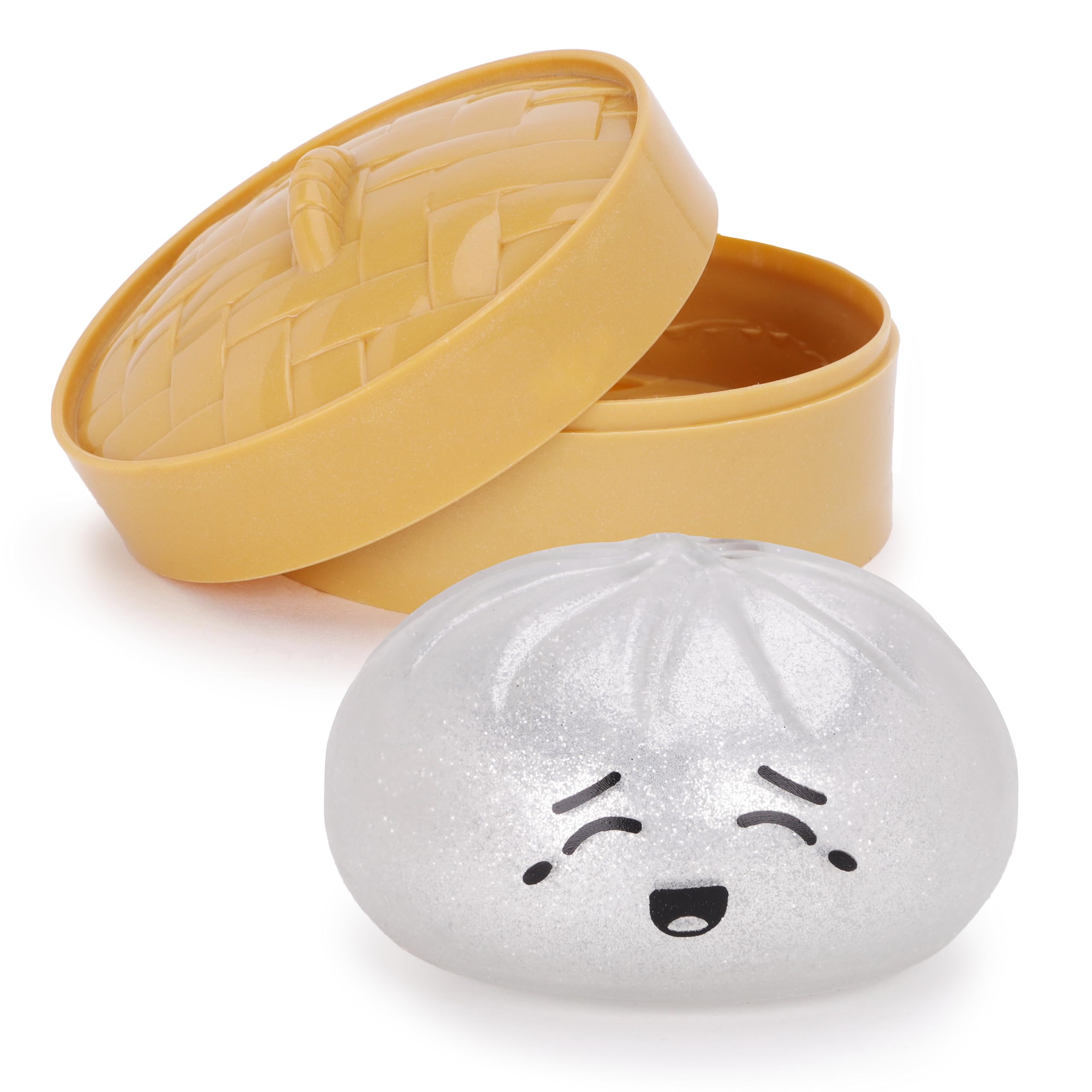 Toyland® Glitter Silver Squishy Bao Dumpling Sensory Fidget Toy with Plastic Steamer Box - Squeeze Toys for Kids - Ages 3+
