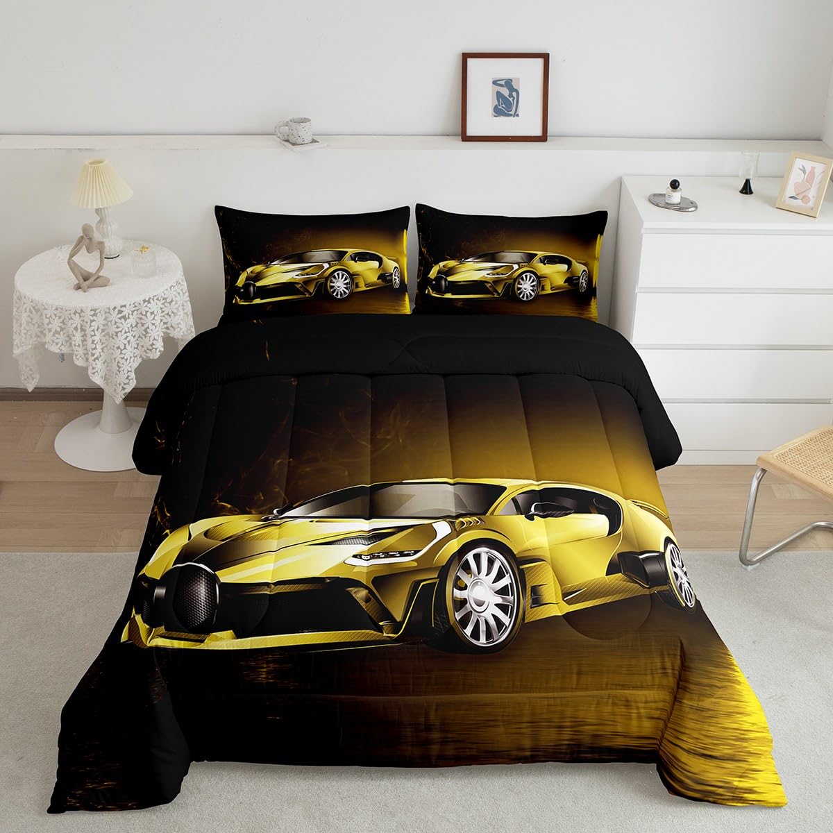 Sports Car Comforter Yellow Race Car Comforter Set for Kids Boys Girls