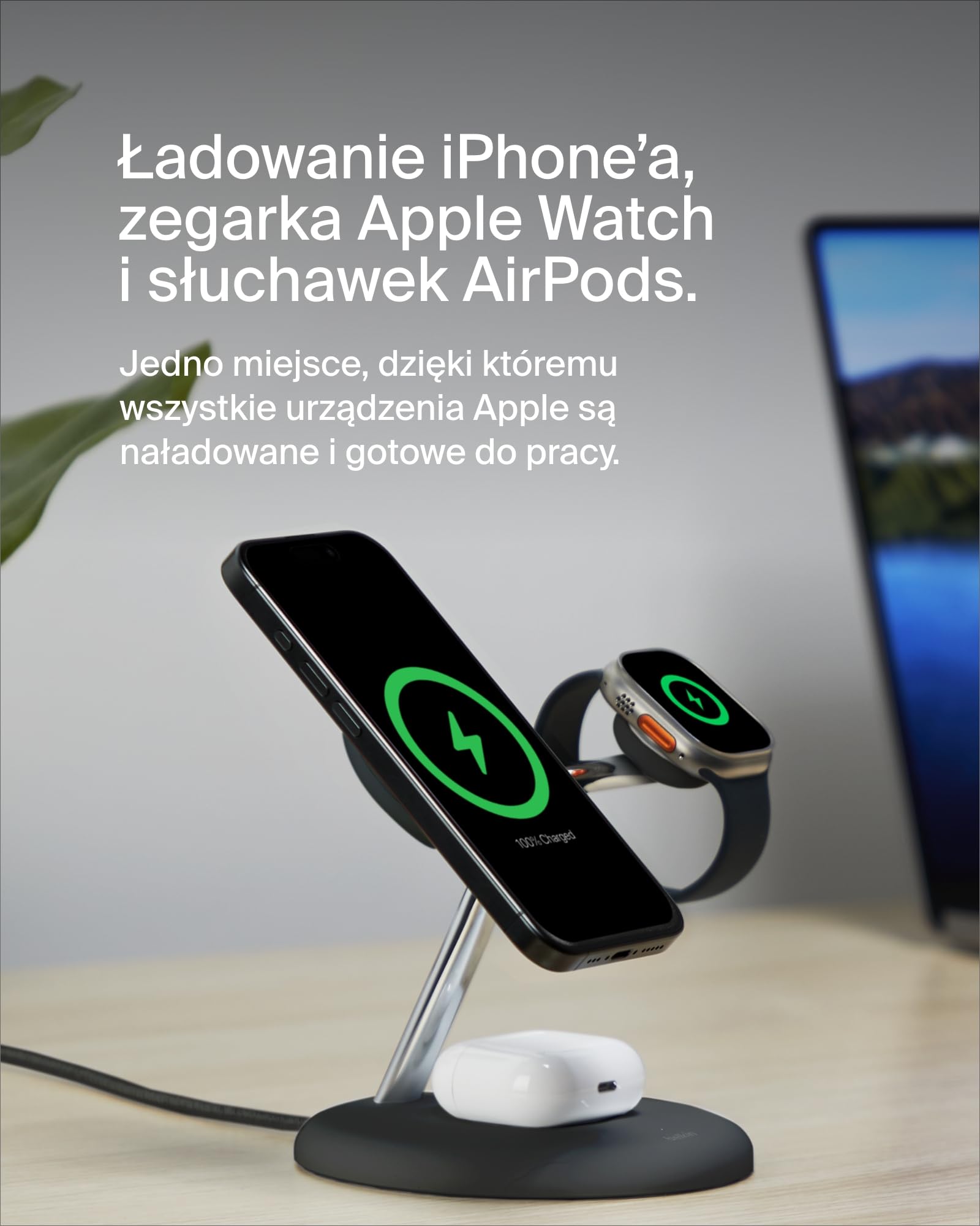Bezprzewodowa podstawka ładująca Belkin 3 w 1 o mocy 15 W z technologią Qi2 zgodną z MagSafe, szybka ładowarka do urządzeń iPhone serii 16, 15, 14, AirPods, Apple Watch (zasilacz w zestawie) – czarna