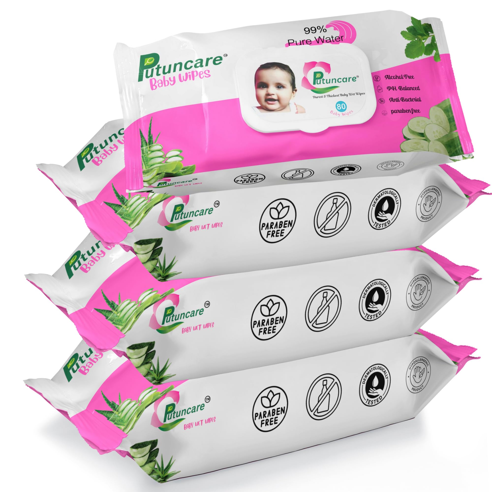 Putuncare Baby Wipes with 99% Pure Water – 80 Wipes per Pack (Pack of 4, Total 320 Wipes) | Aloe Vera & Cucumber | pH Balanced, Paraben-Free-image-20