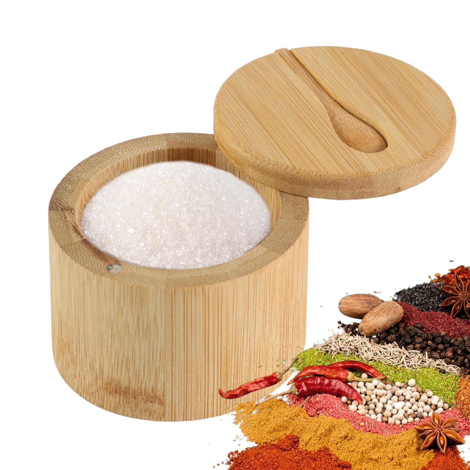 Naapesi Yellow Bamboo Salt Cellar, Salt Box With Swivel Lid And Spoon, Salt And Pepper Box, Salt Container Wood, Swivel Lid Container, Magnetic Closure Lid To Keep The Dust Out, For Salt, Sugar (9X9x7cm)