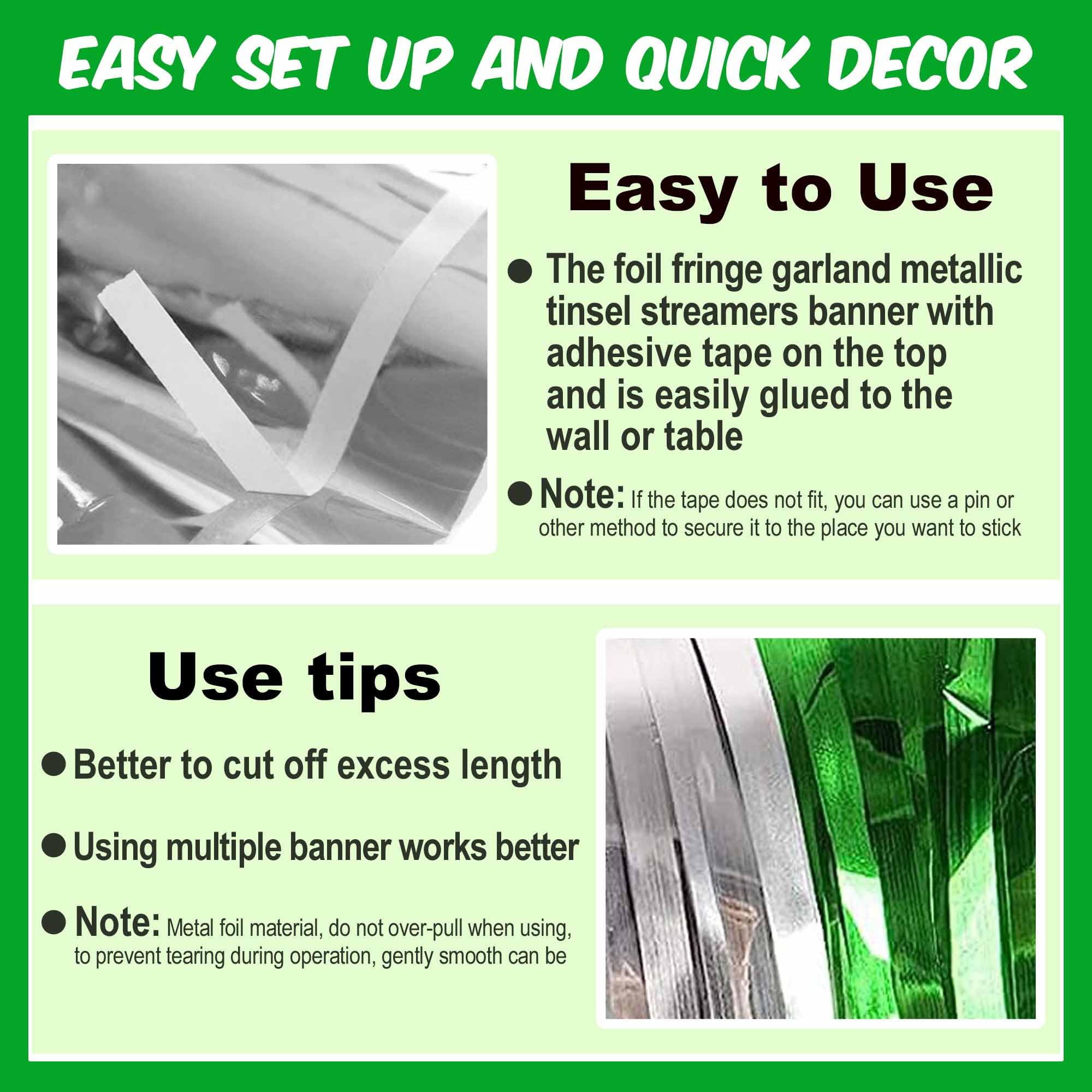 Paquete de 3 guirnaldas de flecos de papel de aluminio plateado y verde de 10 pies, guirnalda metálica para colgar en la pared para flotadores de desfile, cabina de fotos, Halloween, Navidad, Año