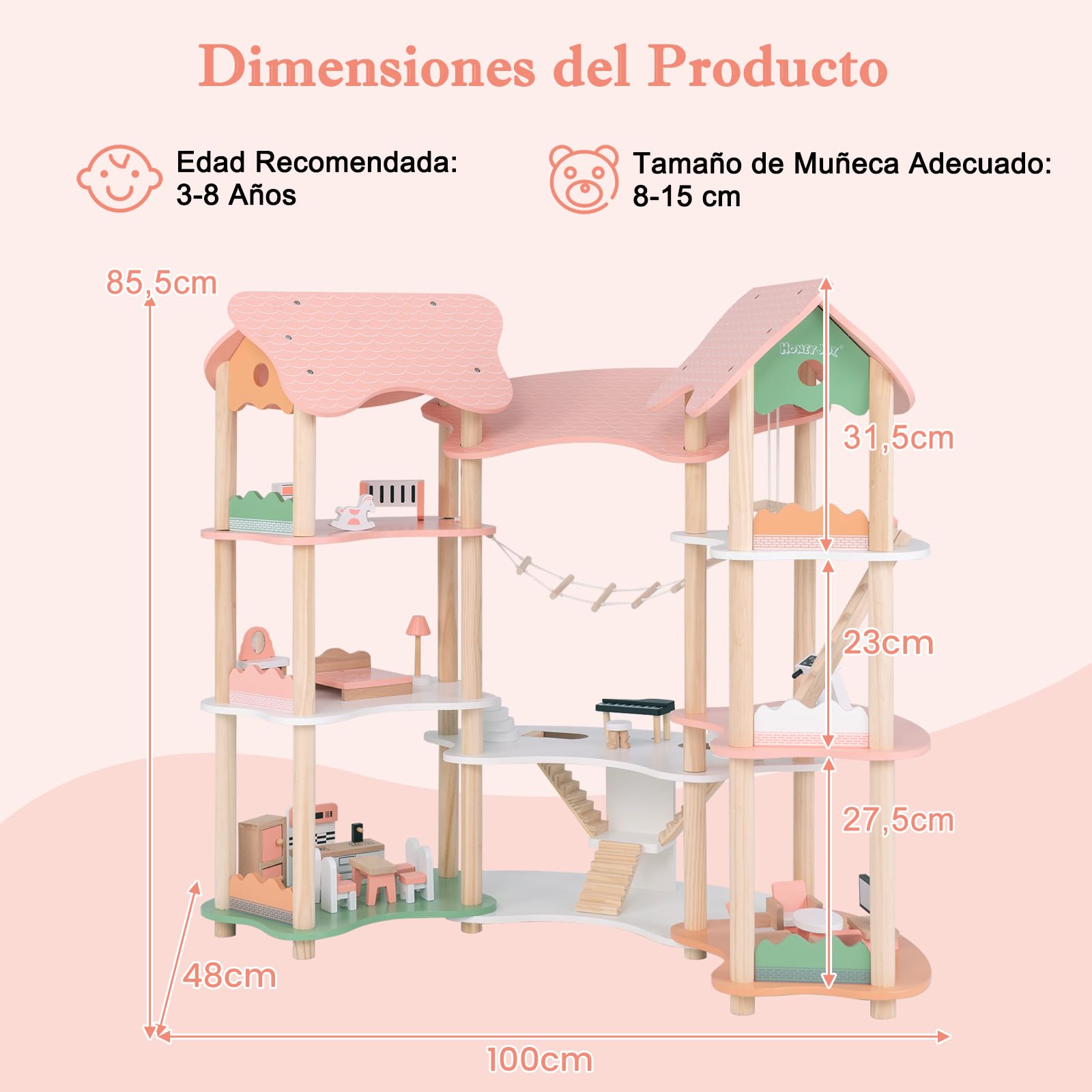 GOPLUS Casa de Muñecas de Madera de 3 Pisos Con 7 Habitaciones y 31 Piezas de Muebles, Encantador Juego Para Niños de 3+, Para Muñecos de 8-15 cm