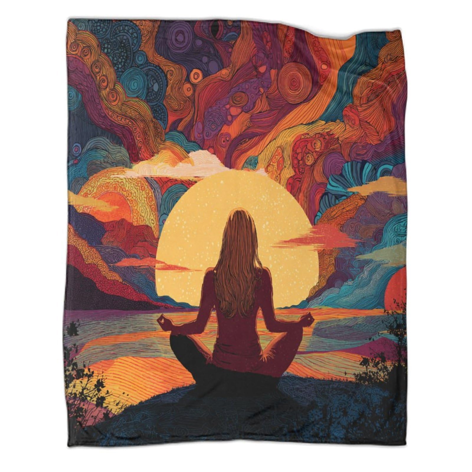 kaiyun Yoga Women at Sunrise Pattern Blanket Novel Design Dormitory Soft Comfortable Fluffy Bedding Four Seasons 80x90inch(200x230cm)