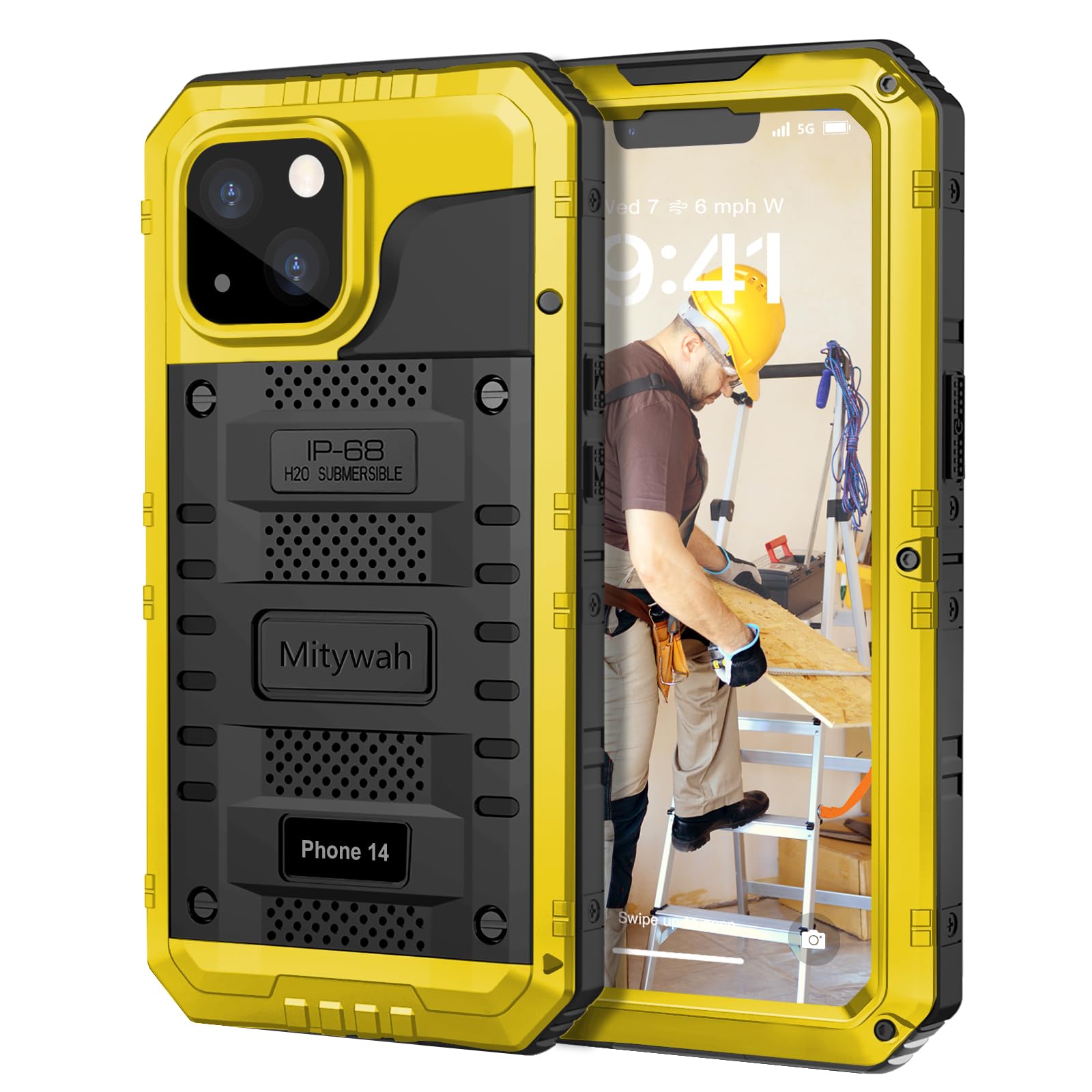 Mitywah Waterproof Case for iPhone 14, Heavy Duty Shockproof Case with Built-in Screen Protector, Full Body Underwater Protective Metal Case 6.1 inch,