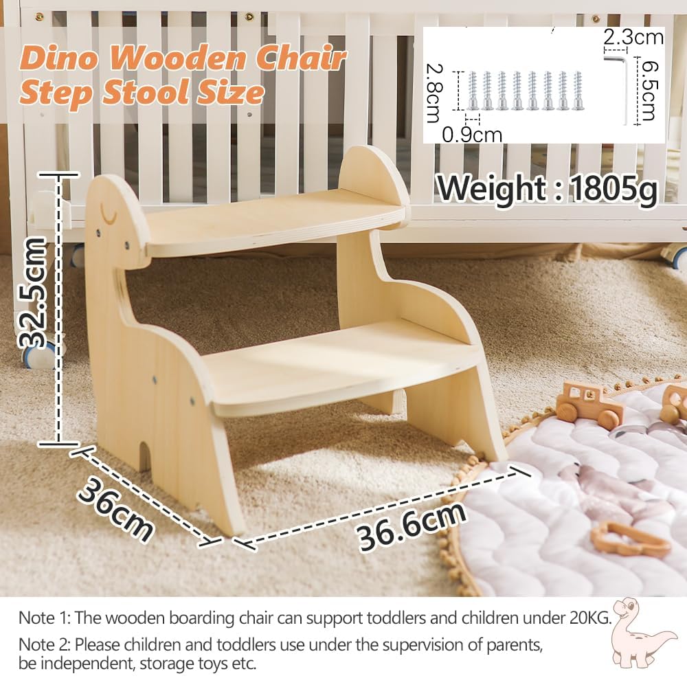 Torre Montessori di Apprendimento in Legno per Bambini, Sgabello a 2 Livelli Contro Parete Mobile Dinosauro, Mobili Dino per Stanza, Bagno, Cucina, WC