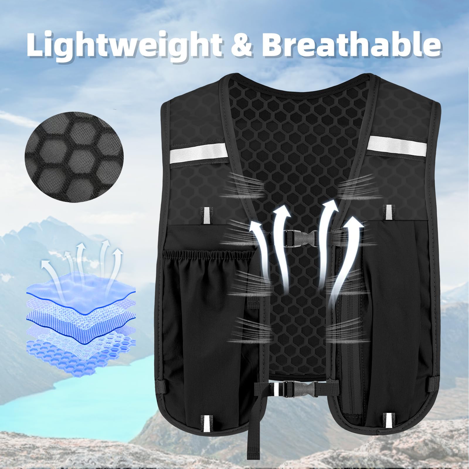 Gilet Running Femme Gilet De Course Pour Homme Et Femme, Avec 1 Gourde De 500 Ml, Sangles De Poitrine Réglables, Gilet De Course Réfléchissant, Ultra Léger, Pour La Course, Le Cyclisme, Noir