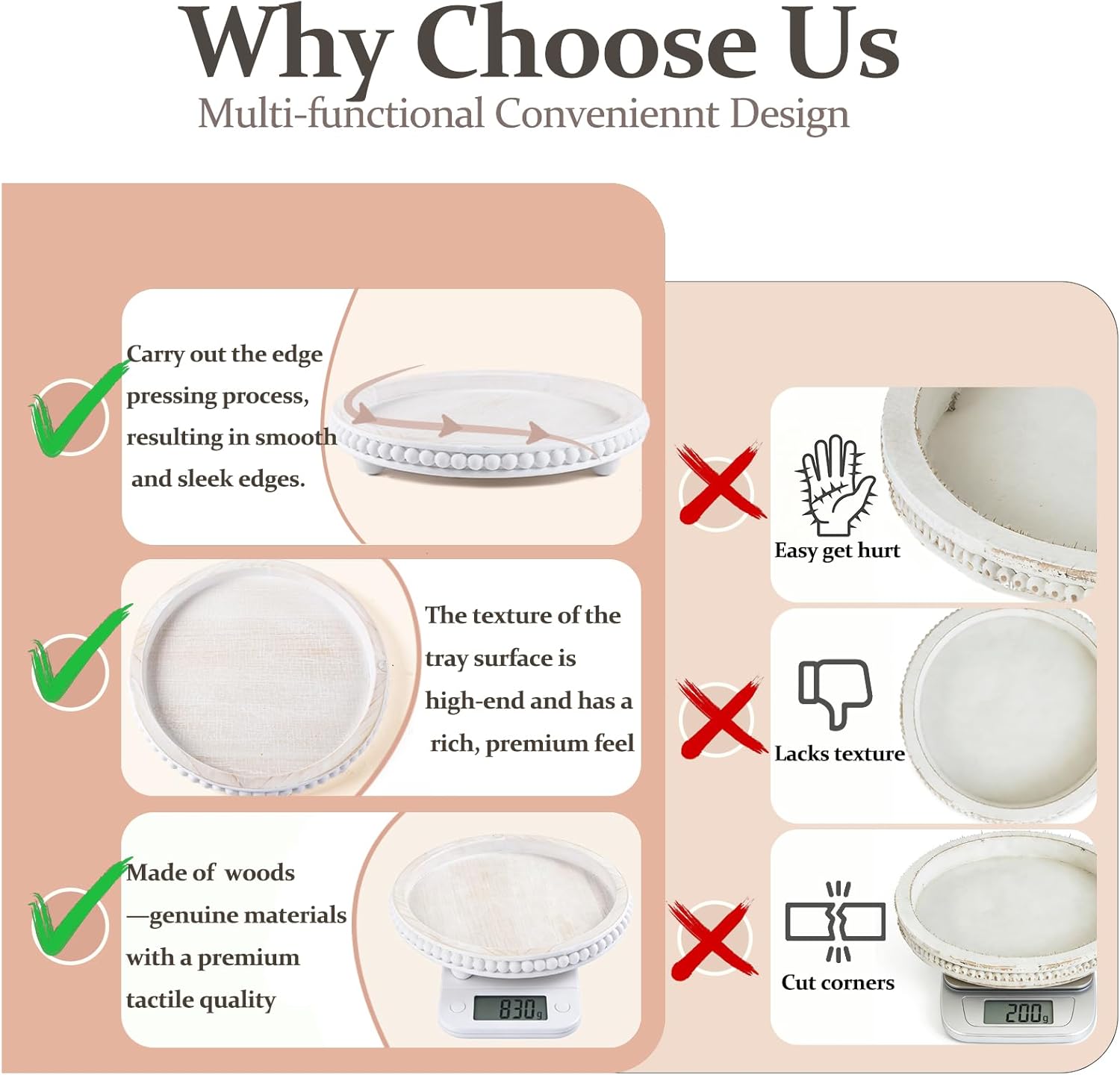 Decorative Coffee Table Tray, 12 Inch White Washed Wooden Beaded Tray with Removable Legs, Rustic Farmhouse Centerpiece Tray for Living Room, Kitchen Counter Decor