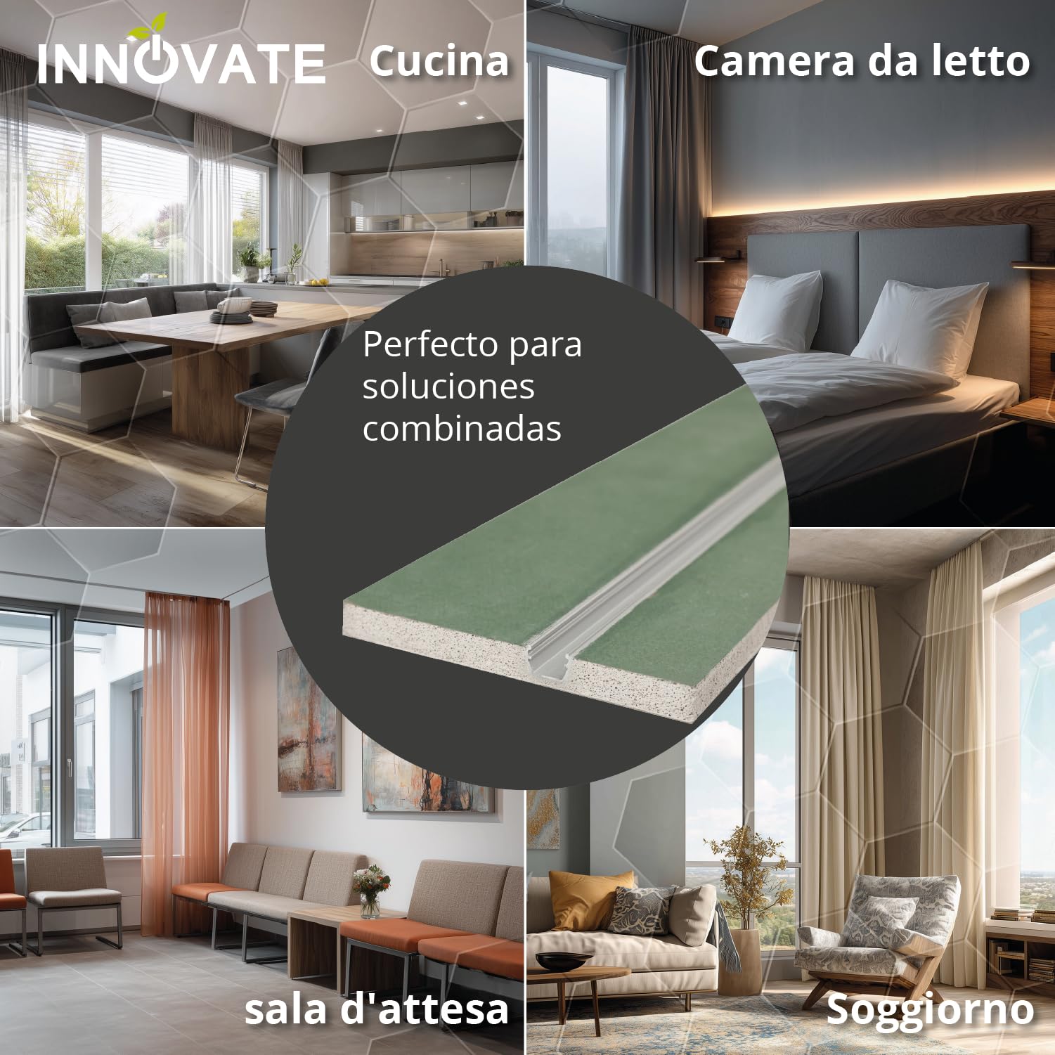 INNOVATE Binario tenda soffitto Cartongesso [incl. copertine e inserti] Profilo alluminio per LED striscia e Tende per interni I Bastone tenda Cucina bagno salotto Bastoni tende (1 Binario, 200 cm)