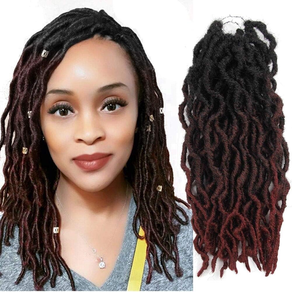 12" Goddess Locs Crochet Braids Ombre Burgundy Goddess Faux Locs Crochet Hair Curly Dreadlocks Synthetic Braiding Hair Extensions (12" 6packs 1B/BUG)